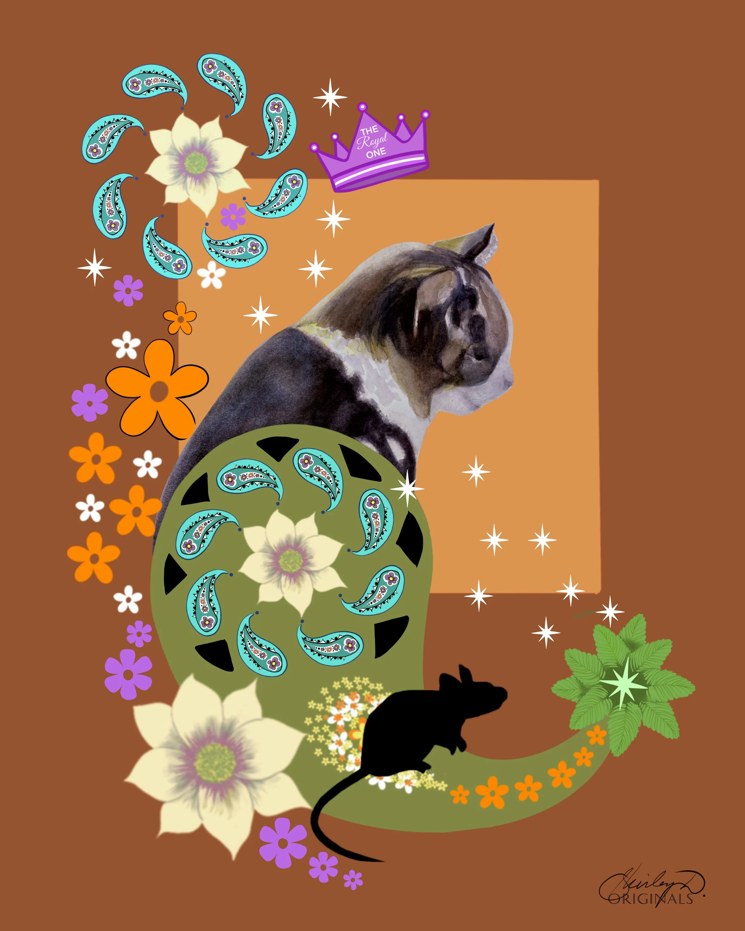 Paisley-Cat-Consider Pet Adoption-Unconditional Love- Artistic watercolor  illustration featuring pets in a blanket of paisley designs. The cats are The Royal Ones