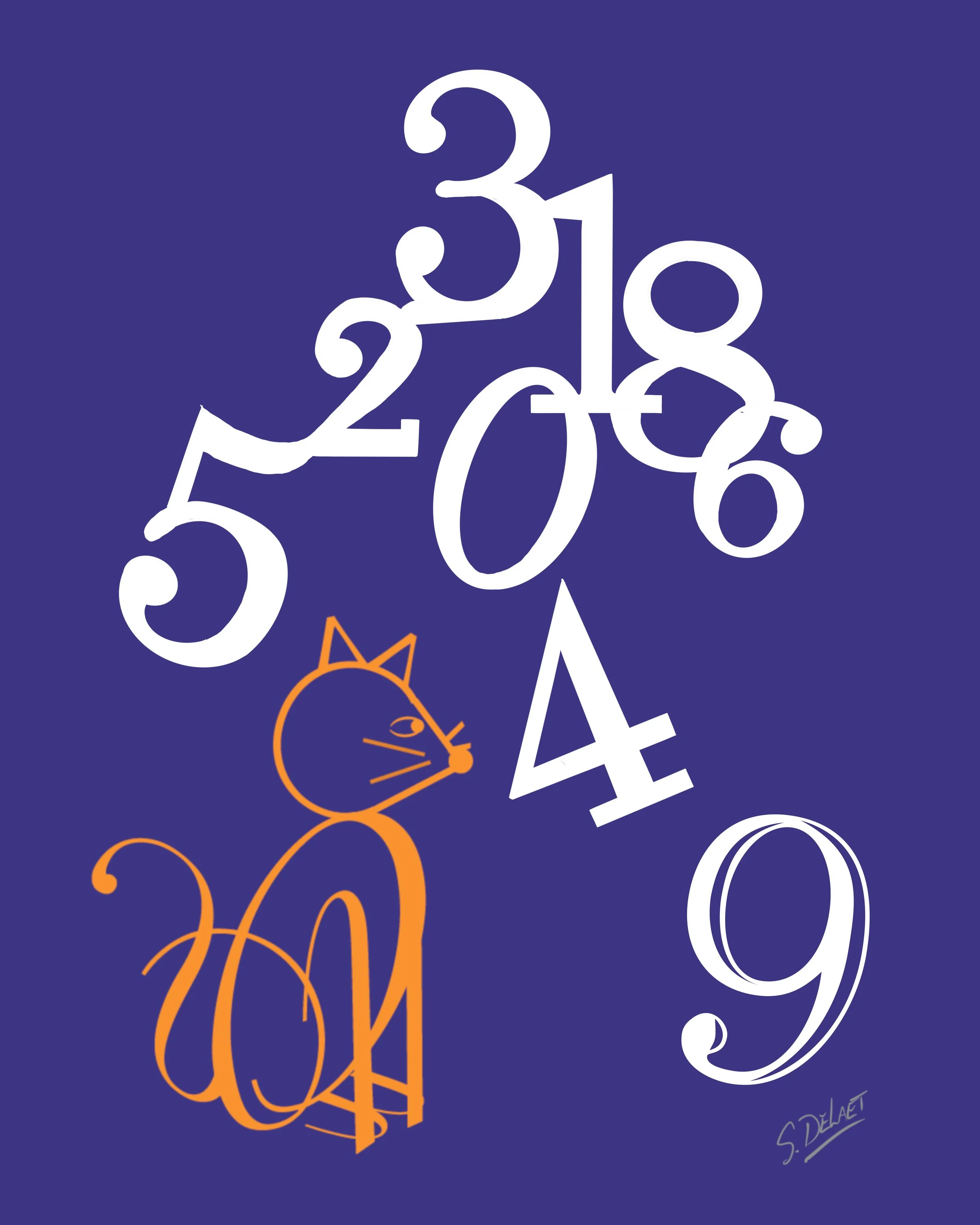 Abstract illustration of a cat with orange outlines at the bottom left corner, surrounded by large, stylized numbers from 0 to 9 on a dark purple background.