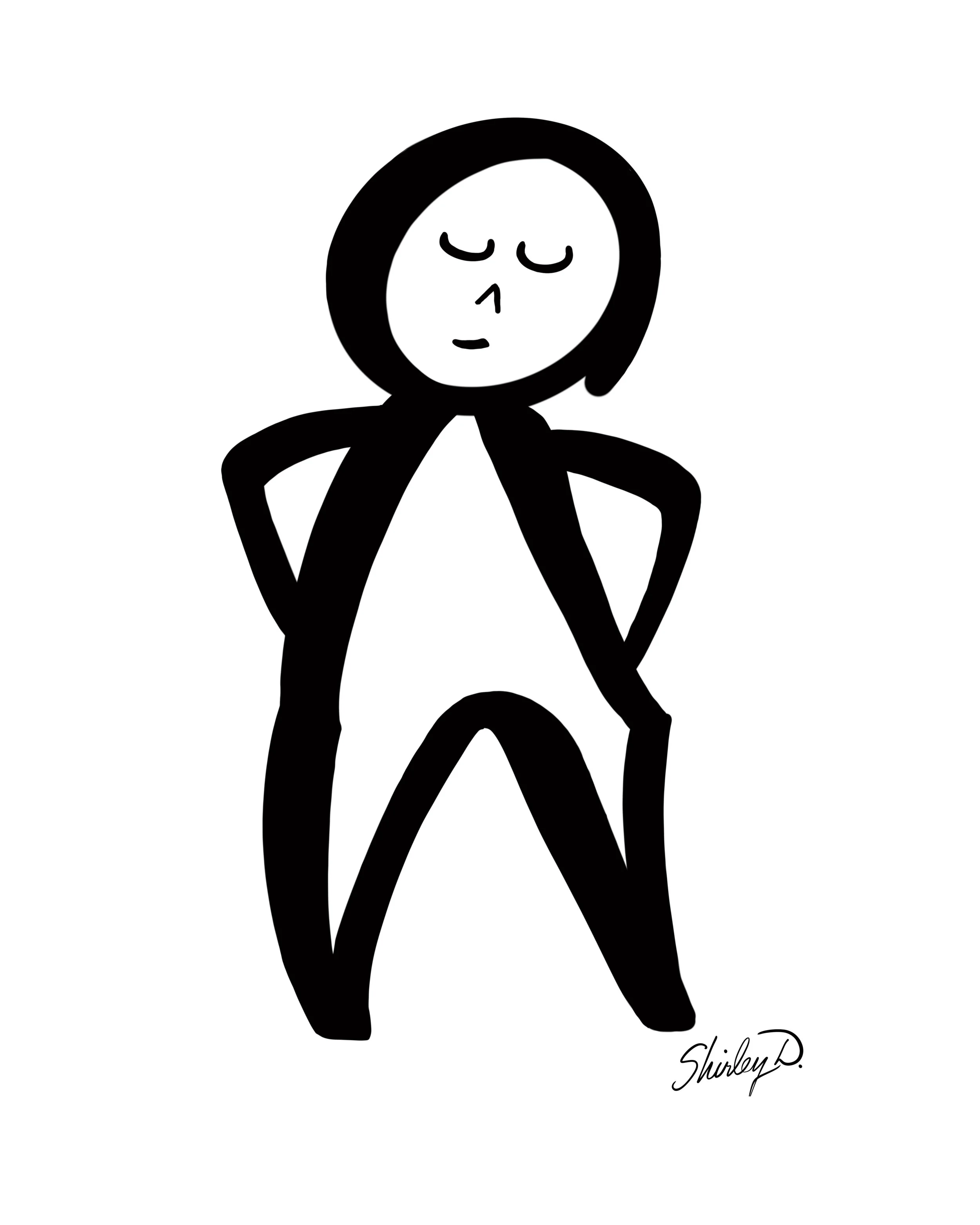 Black and white illustration of a confident woman with hands on hips, closed eyes, neutral expression, signature 'Shirley D' at bottom.
