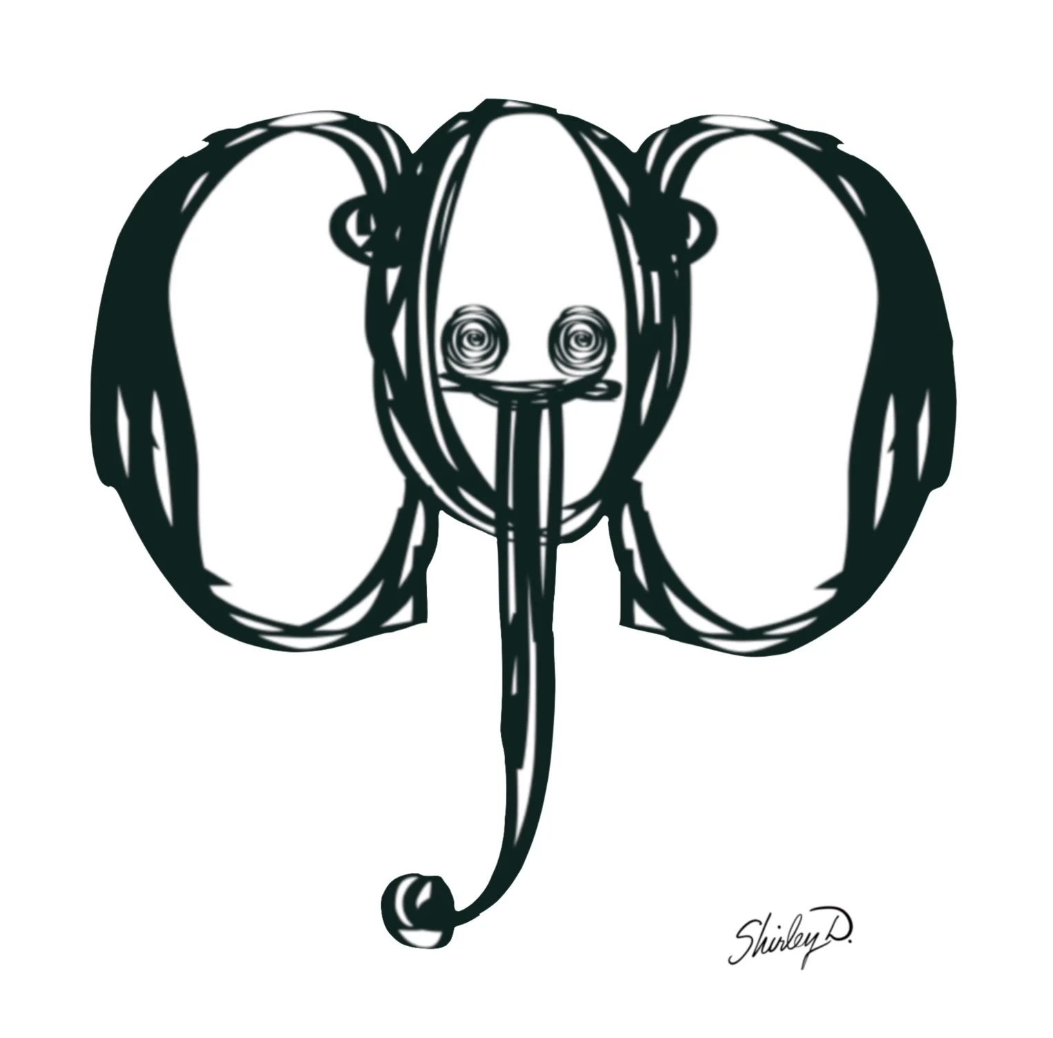 A black and white drawing of an elephant with exaggerated cartoonish features, including large ears, small eyes, and a long trunk, with a signature that reads 'Shirley D.'