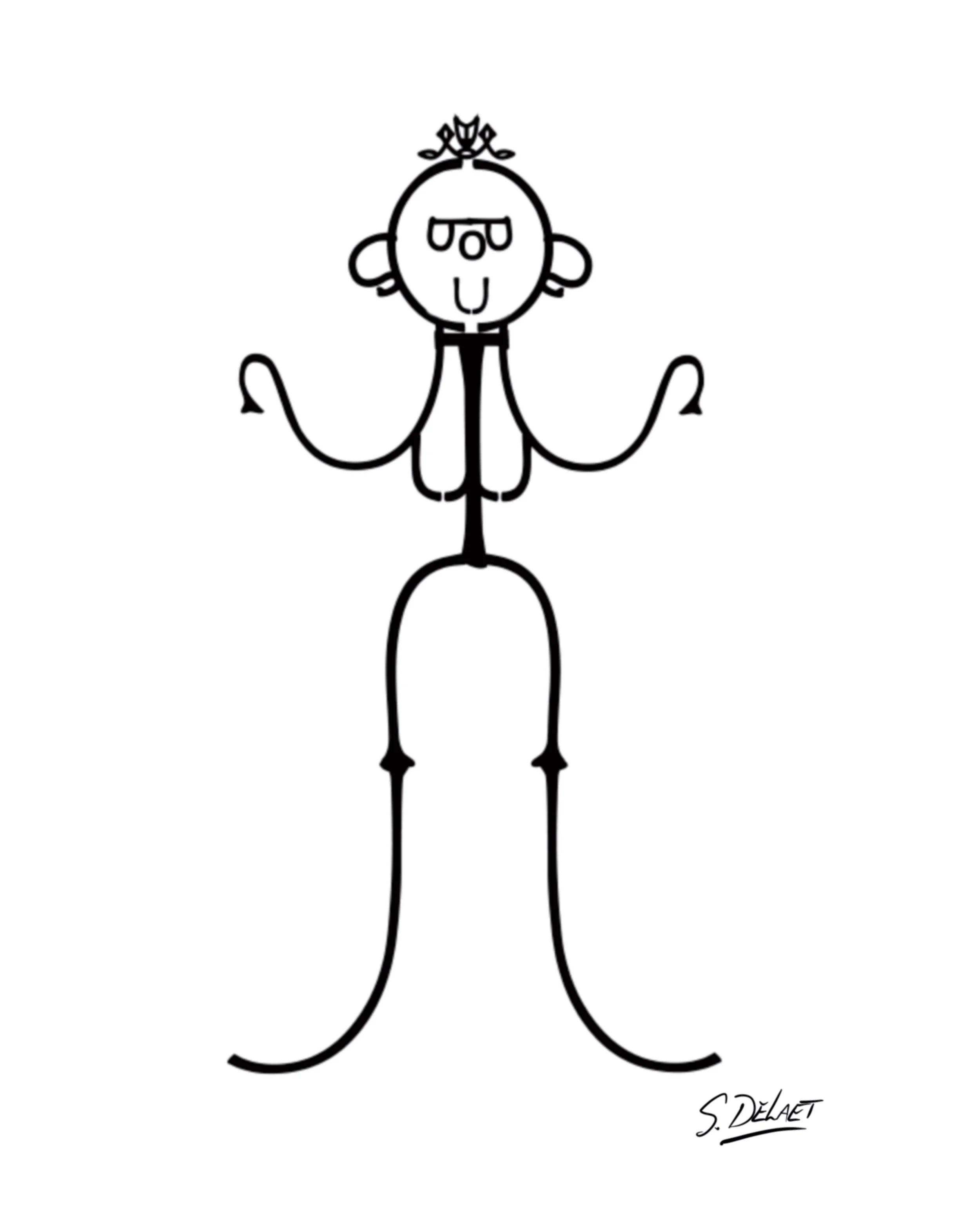 A black and white line drawing of a person with glasses, earrings, a necklace, and a flower crown, with long, curly arms and legs, and a happy expression.