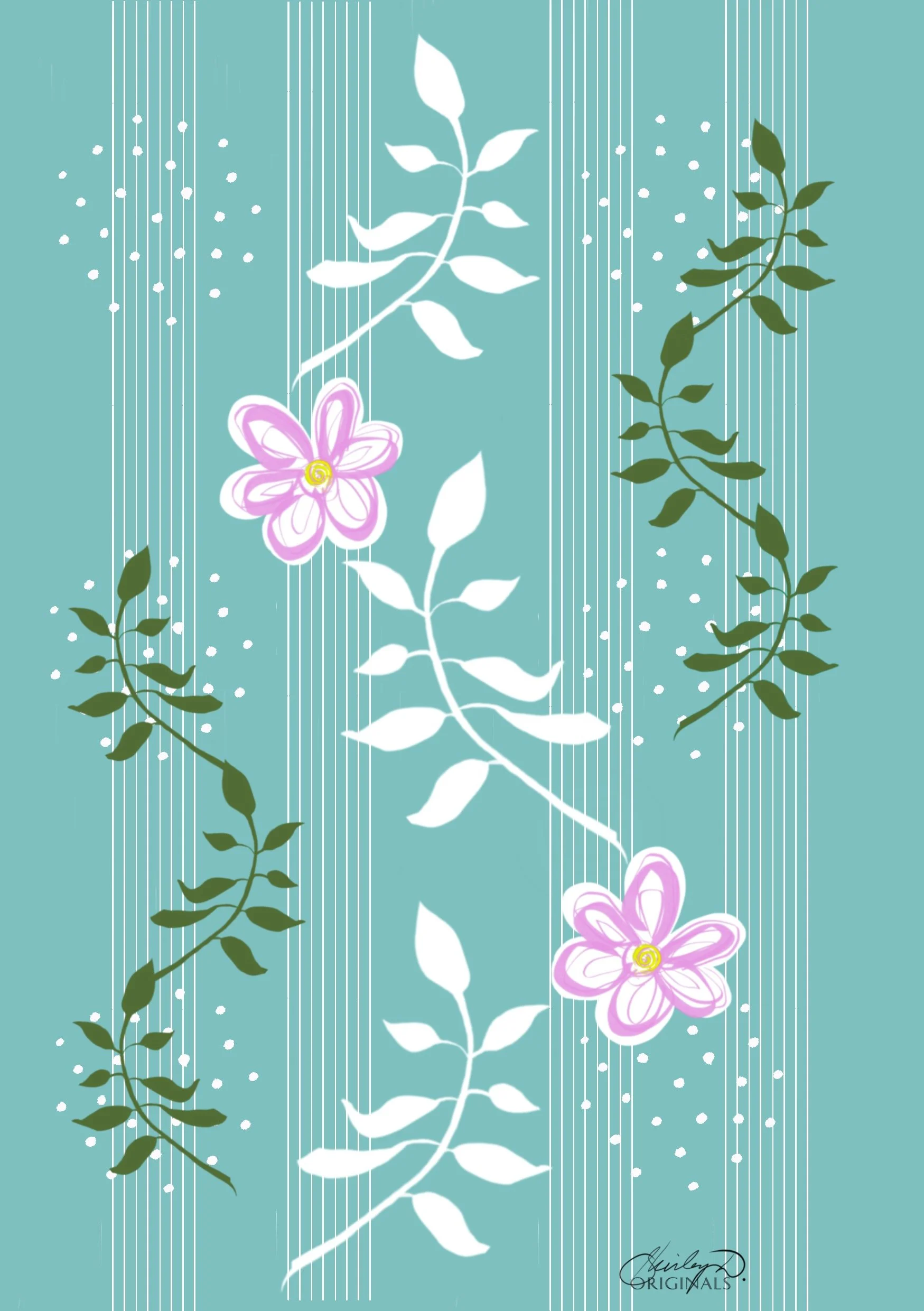 Pattern with white and pink flowers, green and white leaves, and vertical white lines on a teal background.