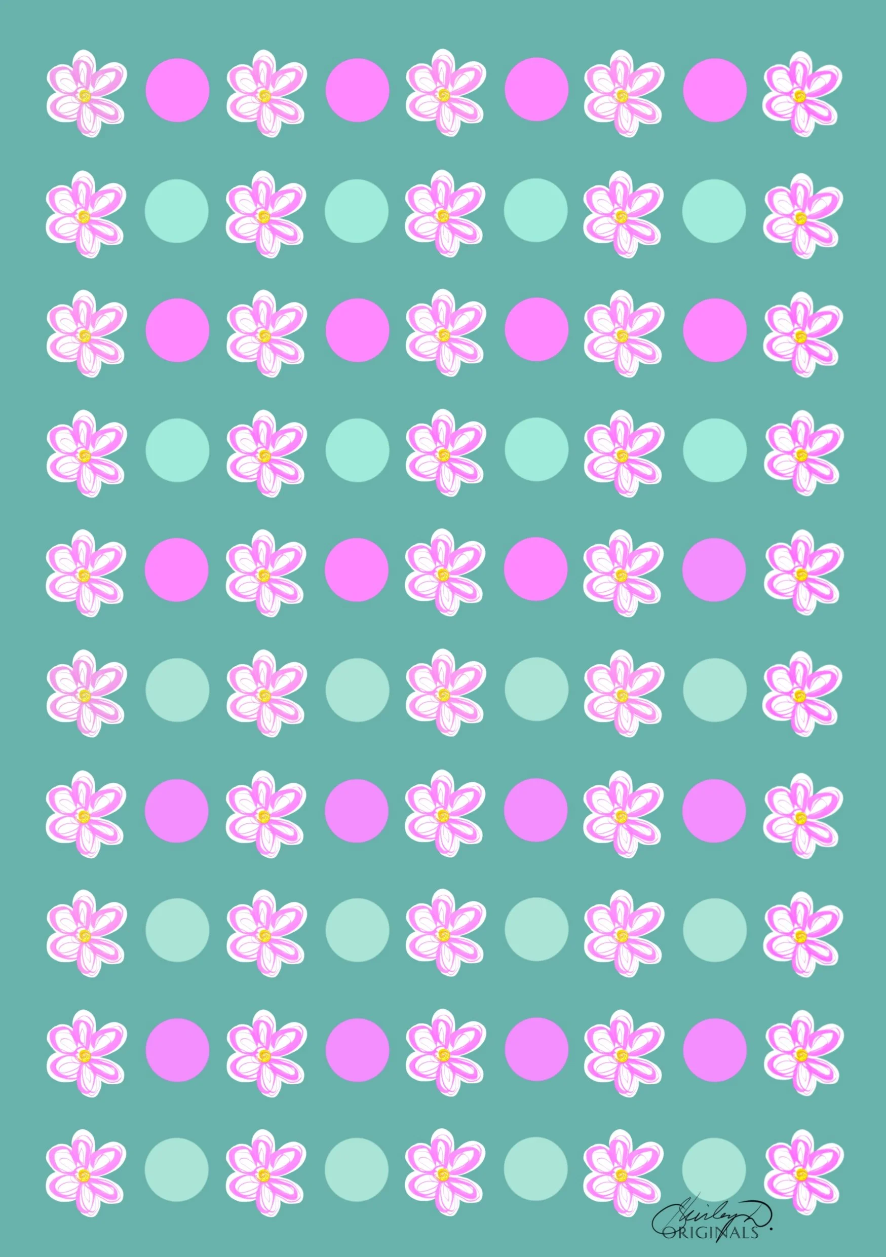 Pattern of alternating pink flowers and pastel blue circles on a teal background.