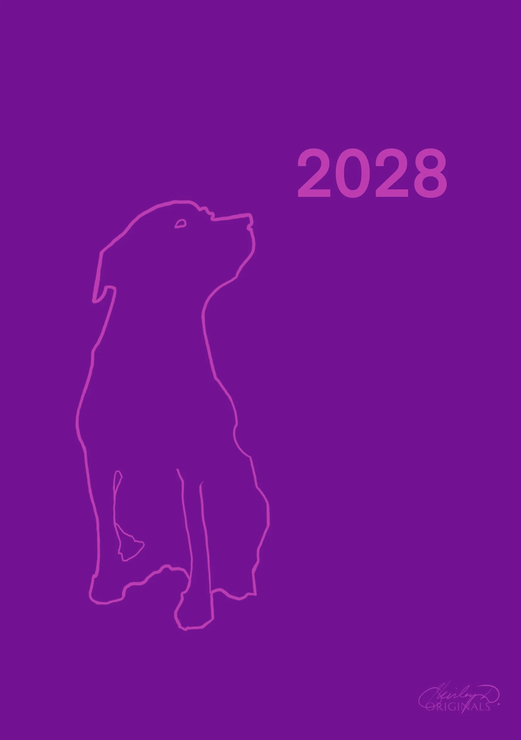 Purple background with pink neon outline of a wolf and the year 2028.
