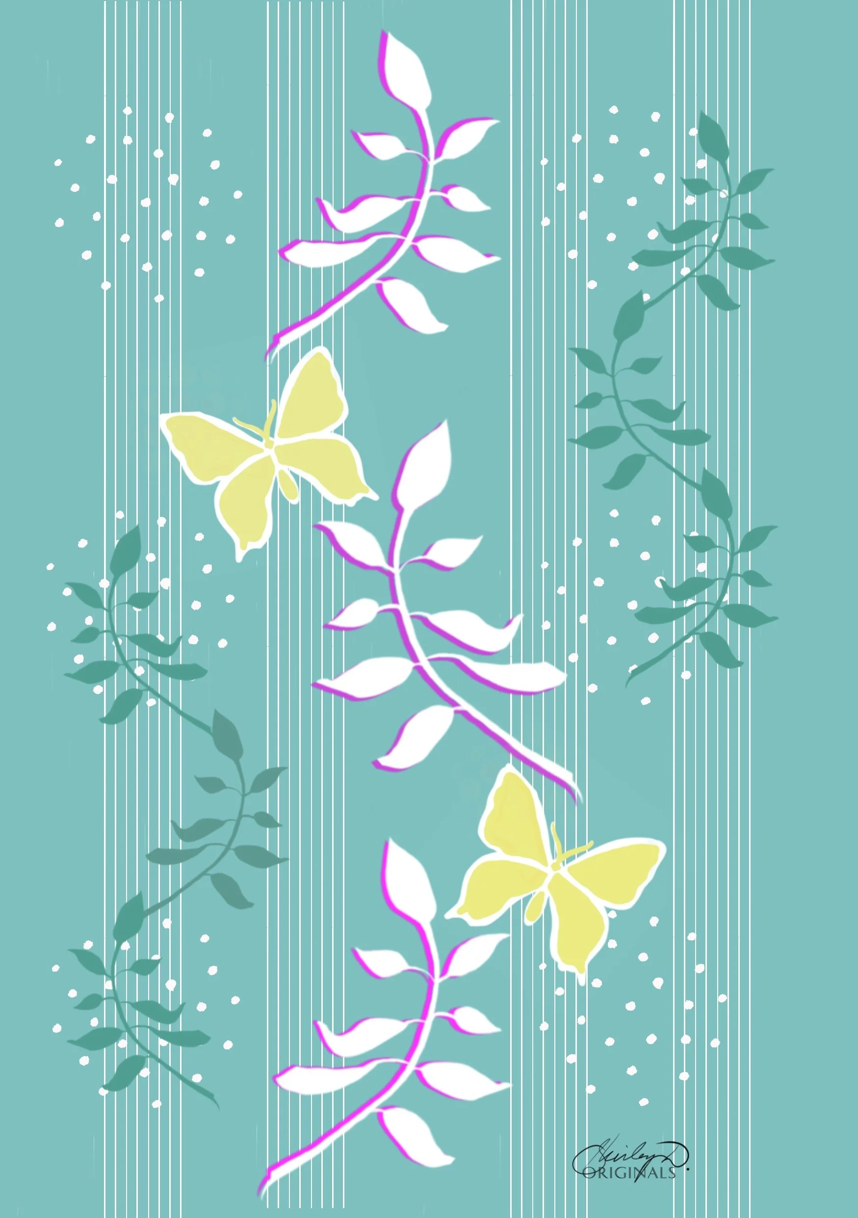 A digital illustration featuring yellow butterflies, stylized vines, and leaves on a teal background with vertical dotted lines.