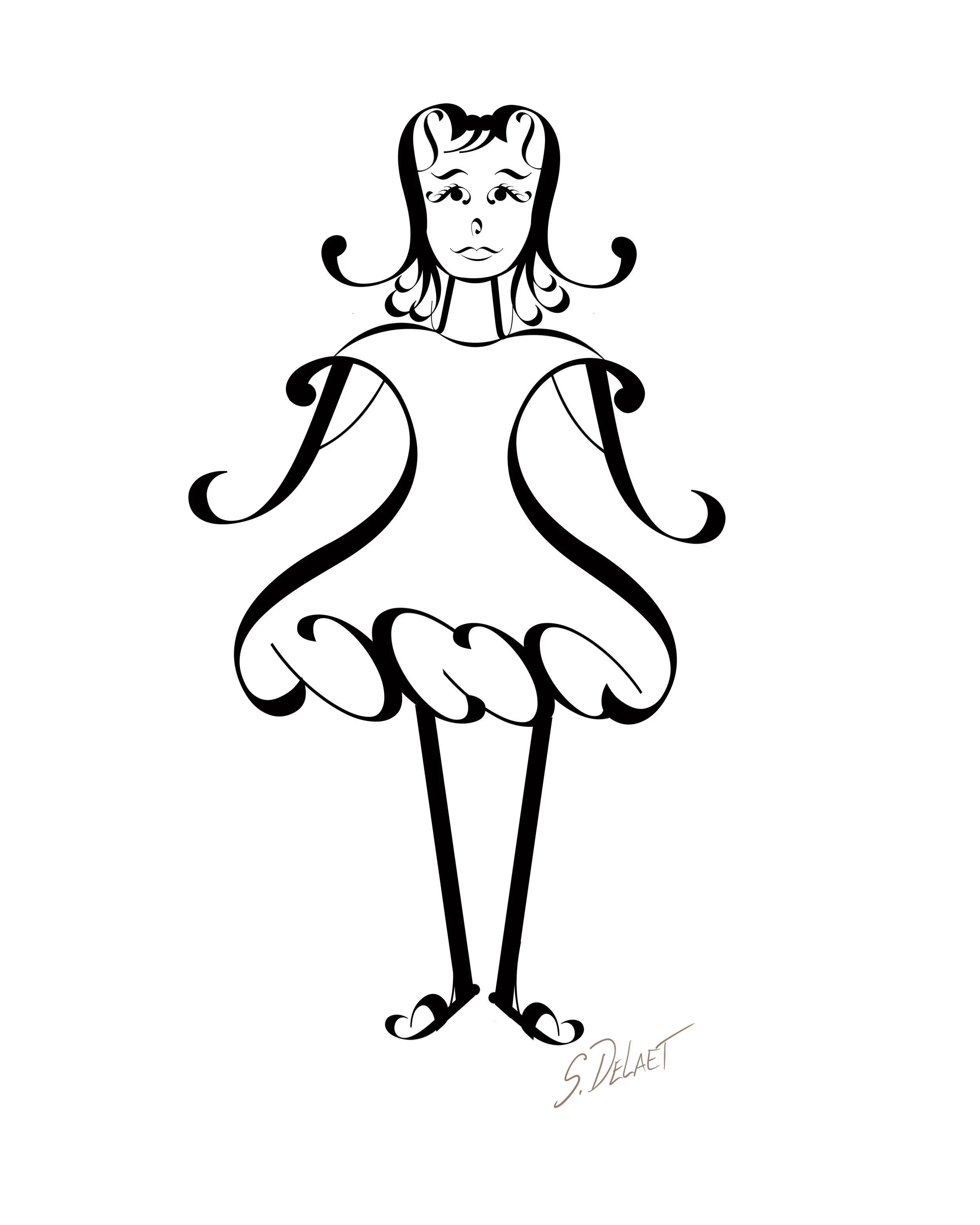 Black and white line drawing of a girl with curly hair, wearing a dress with a ruffled bottom and pointed shoes, standing with her arms slightly raised.