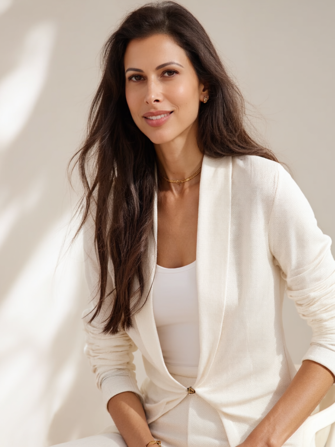 A woman with long dark hair and a light smile, wearing a white blazer and a white top, sitting indoors against a neutral background.
