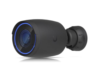 Black security camera with blue LED ring around the lens.