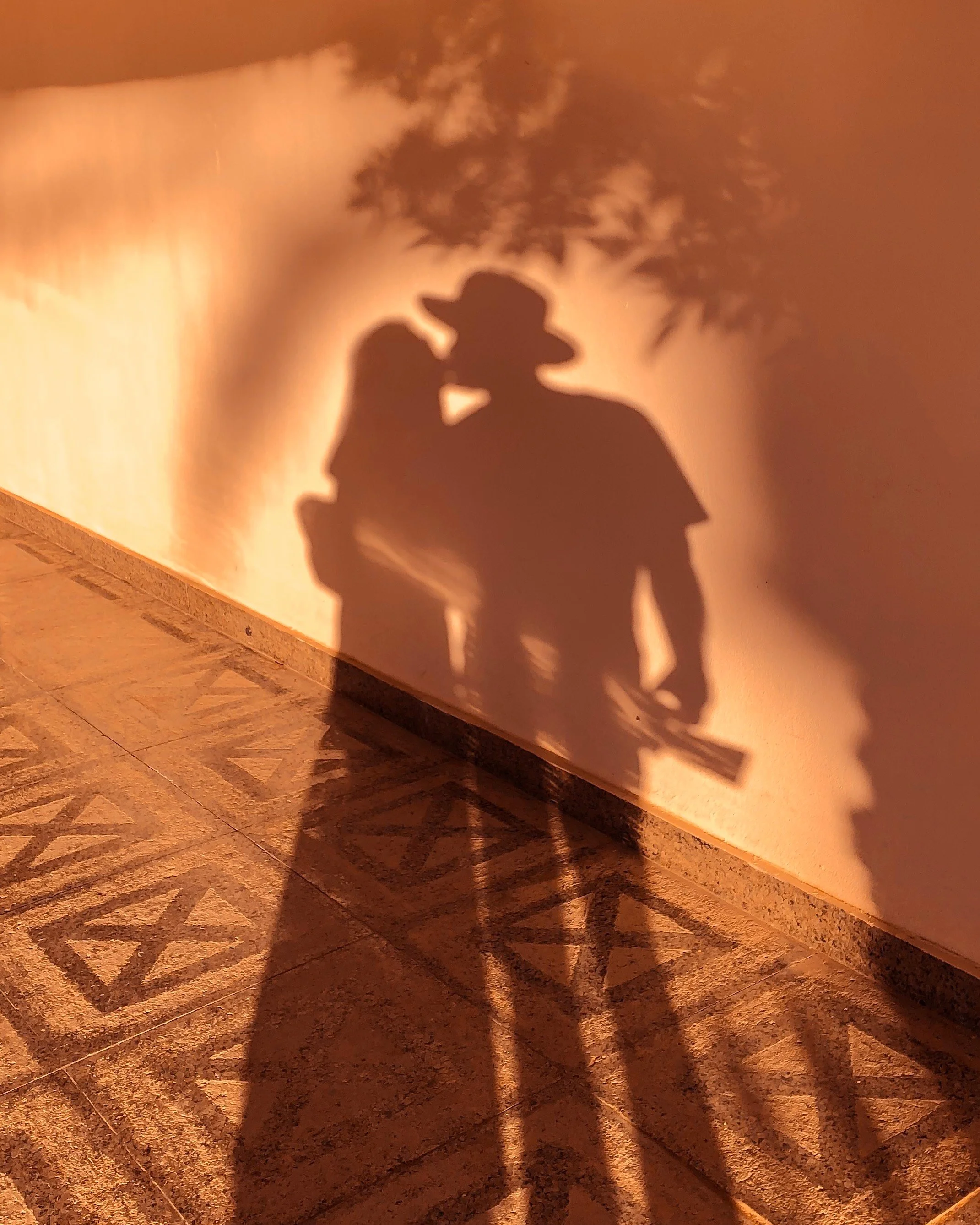 Shadow of two people, one in a hat, kissing on a wall with a tree nearby in warm lighting.