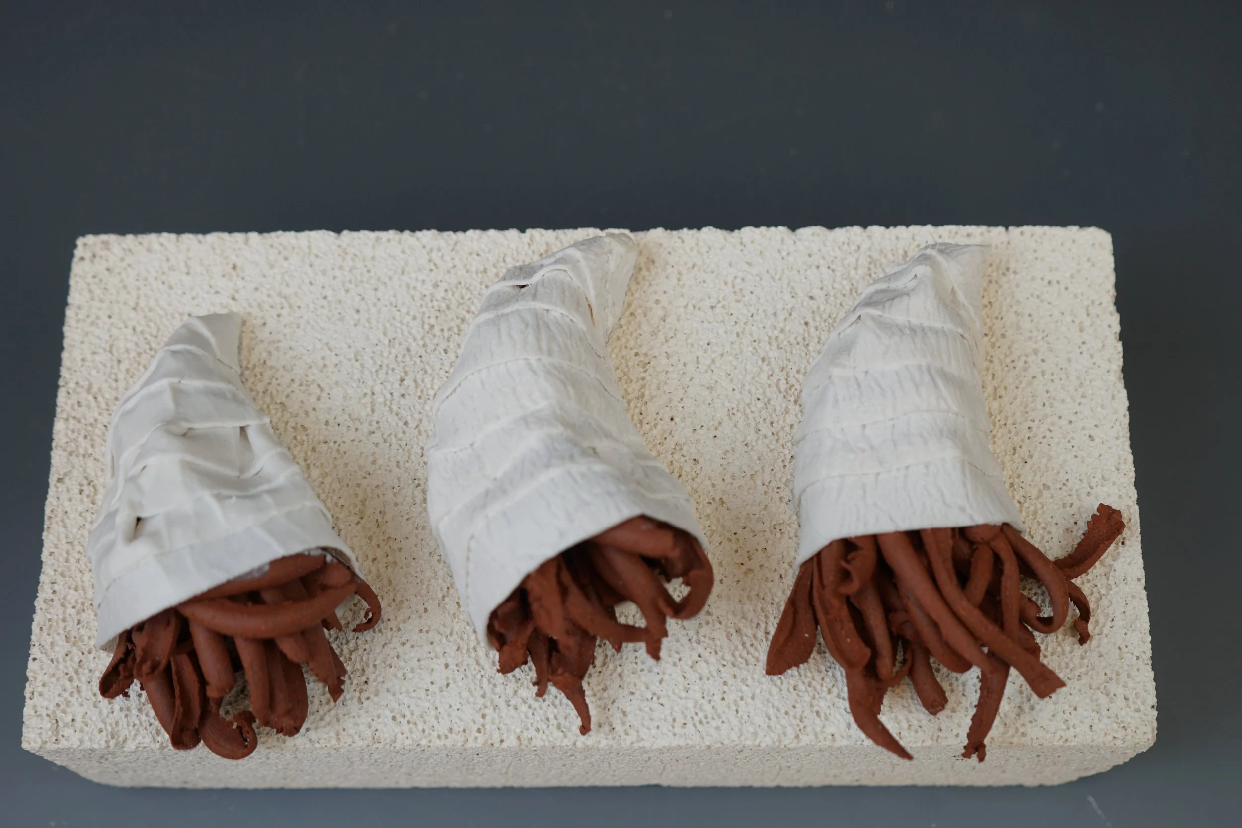 EARLY SNACK  
porcelain, stoneware, kiln brick  