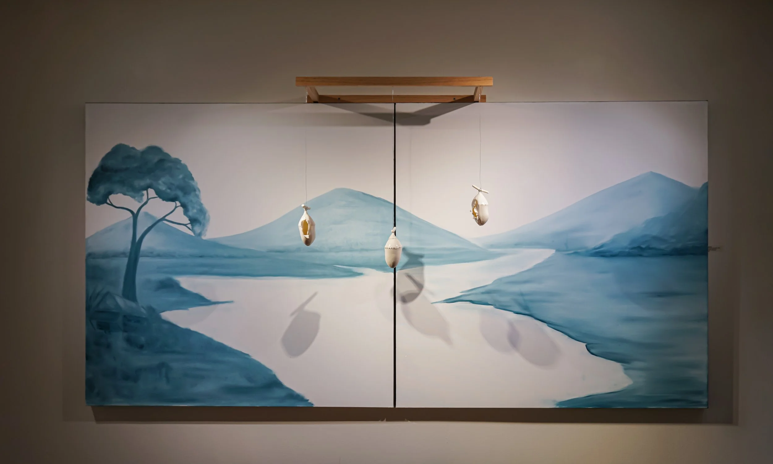 ECHOES OF THE LANDSCAPE  
porcelain, gold luster, oil on canvas, wire, wood  
48 × 96 × 8 inches