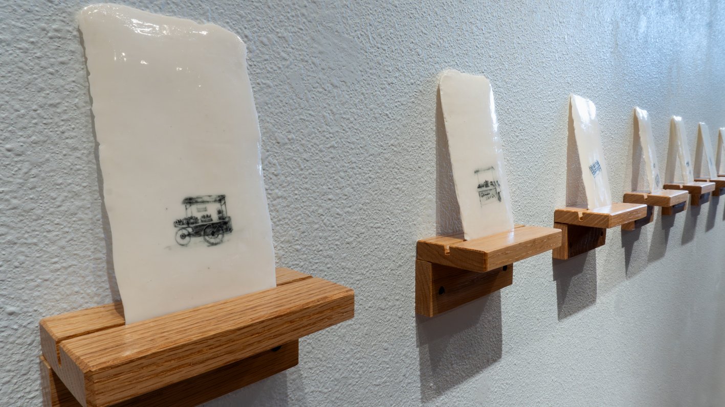 TRACES OF GATHERING 2026  
porcelain, glaze, underglaze, wood 
variables