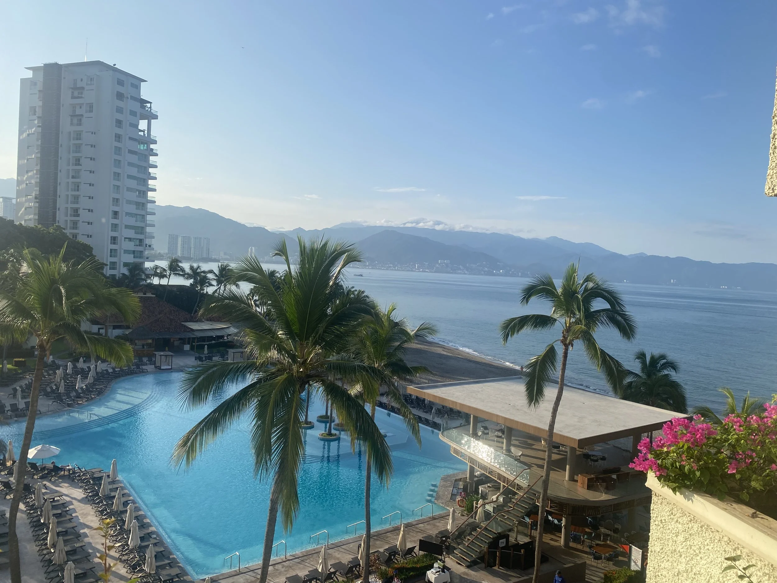 Resort with swimming pool, palm trees, and ocean view