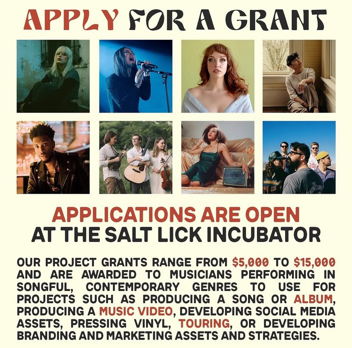 Our friends over at Salt Lick Incubator are accepting applications to their project grant now through July 15! Strong songwriters working in contemporary genres can apply for funding from $5,000 to $15,000 to bring an original music project to life.