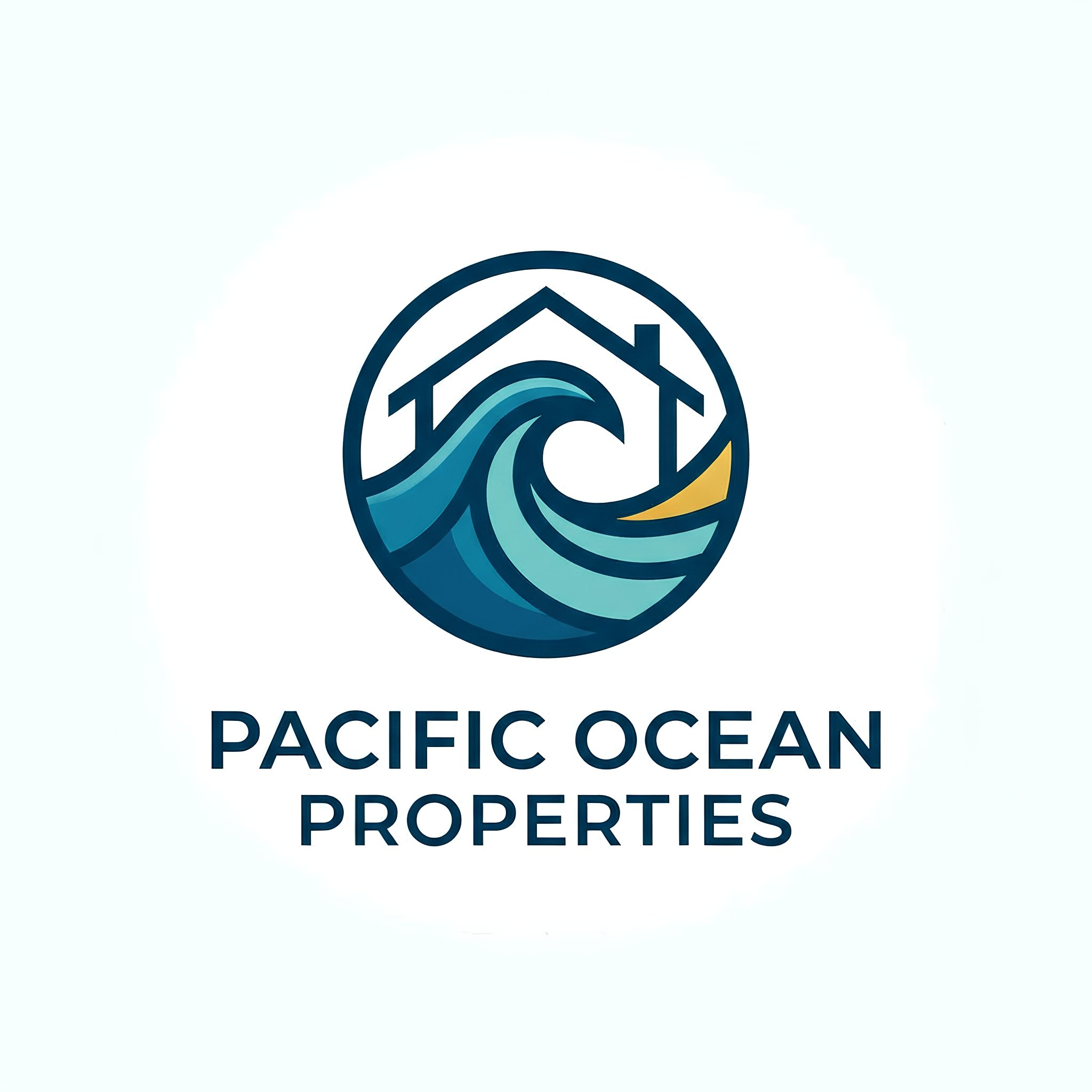 Logo of Pacific Ocean Properties featuring a house outline integrated with ocean waves and a small yellow surfboard, with the company name below.