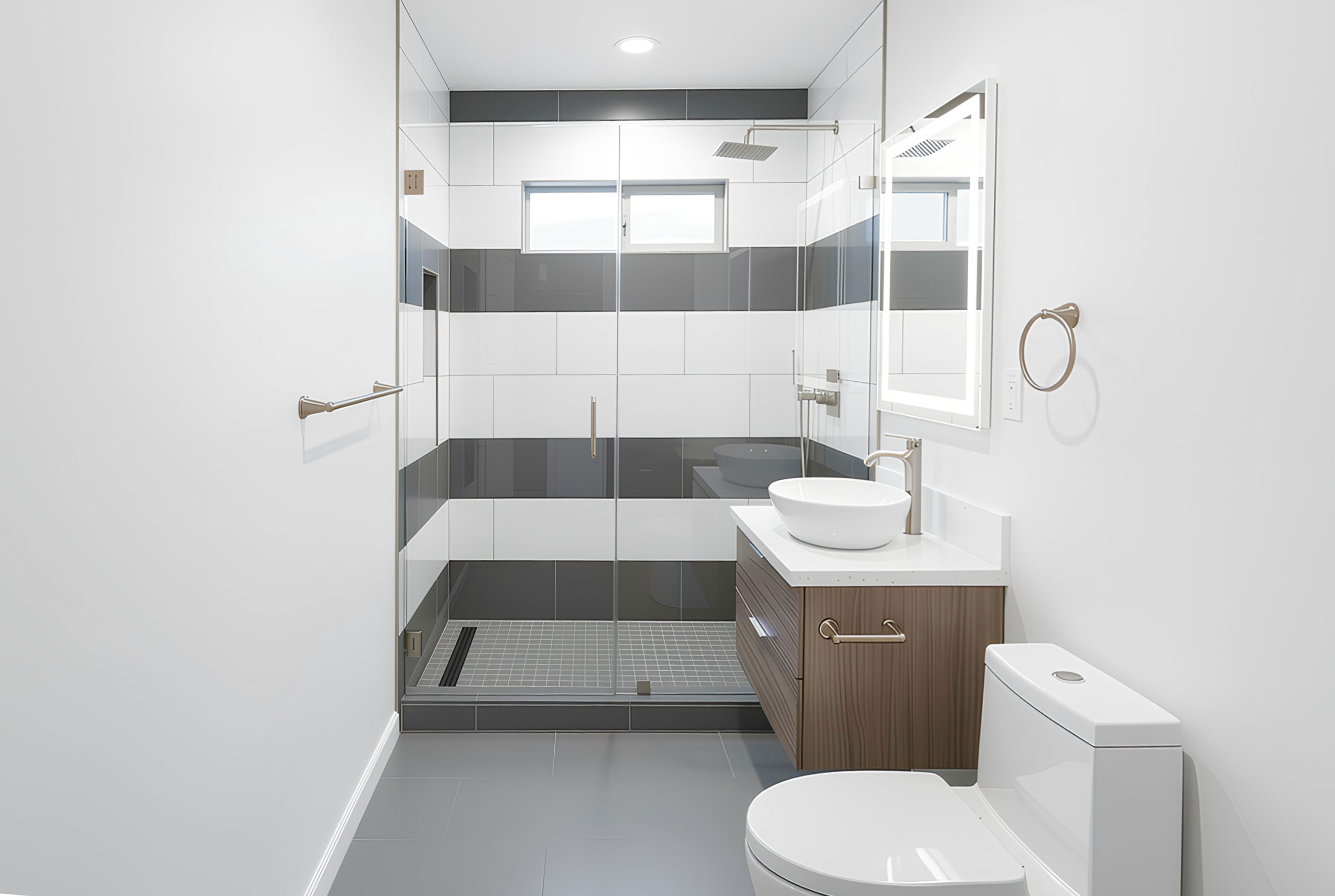 Modern bathroom with a walk-in shower, white and gray tile walls, a mirror with backlighting, a white vessel sink on a wooden cabinet, a towel ring, and a toilet.