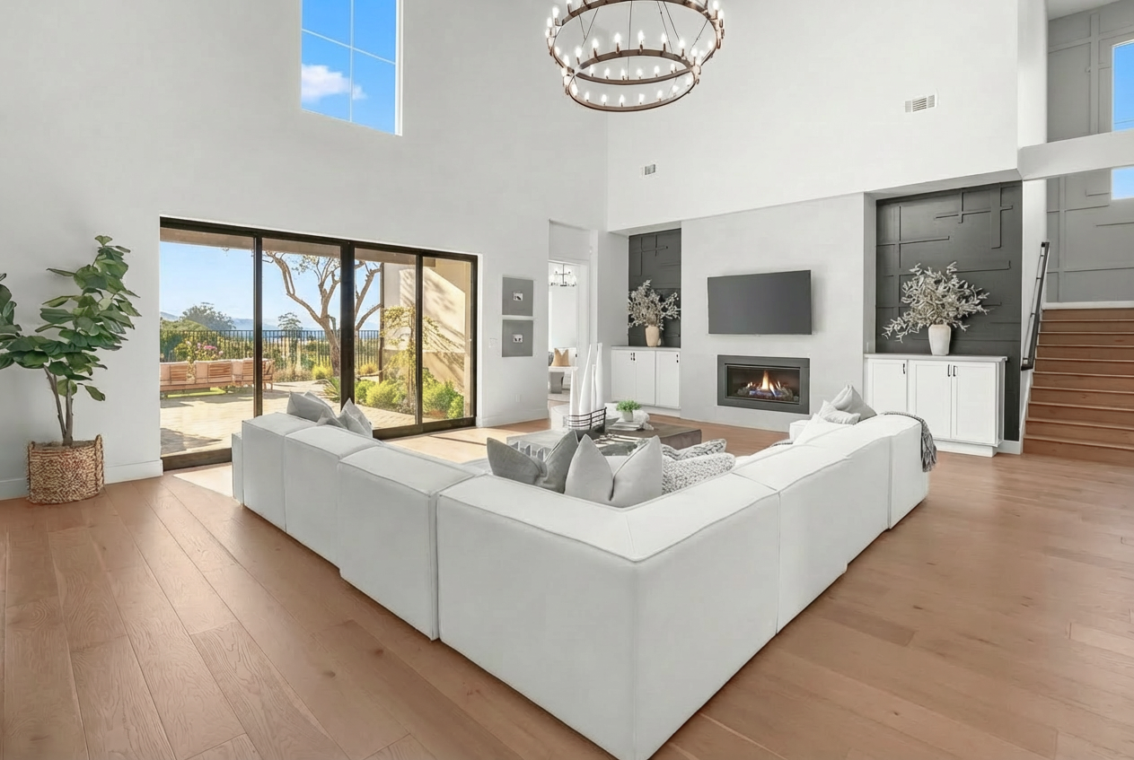 Bright, spacious living room with white sectional sofa, sliding glass doors to a patio, a wall-mounted TV, fireplace, modern staircase, large potted plant, and ceiling chandelier.
