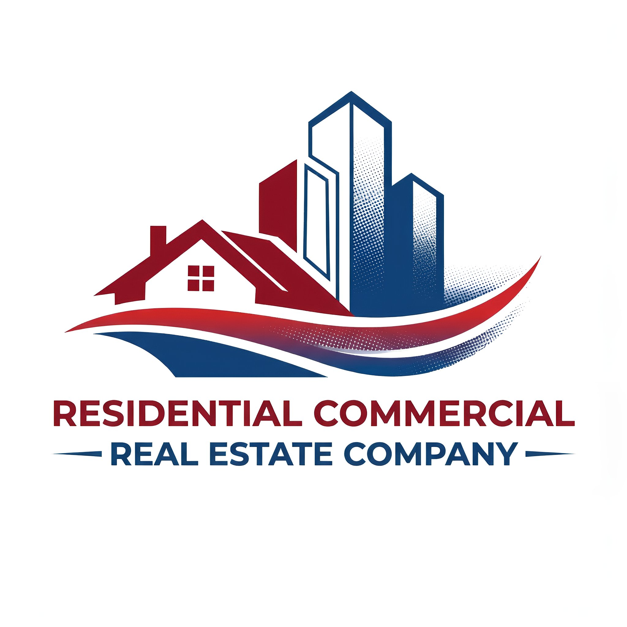 Logo of a real estate company with a red house and blue skyscrapers, featuring waves and the text 'Residential Commercial Real Estate Company' in red and blue.