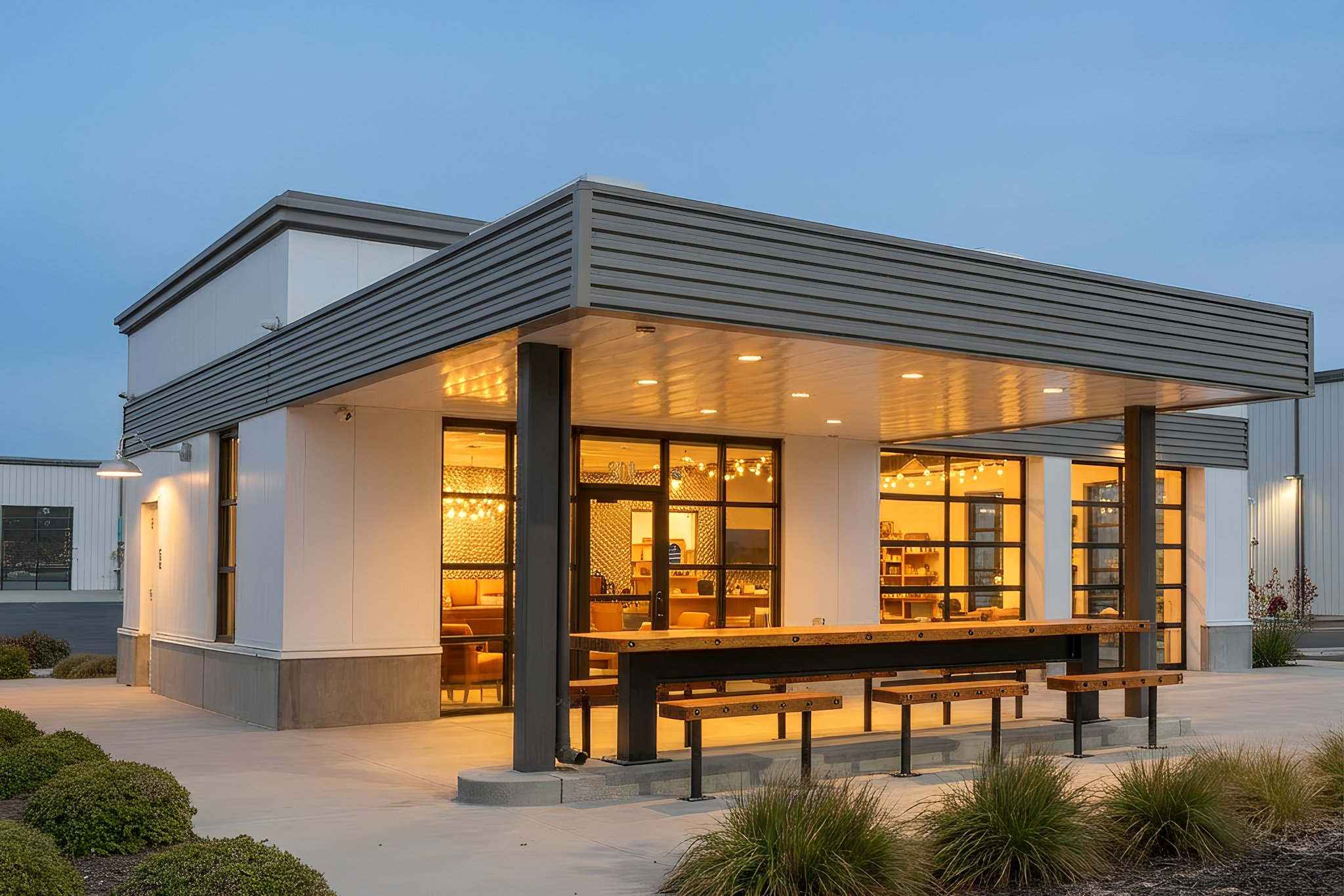 A modern building with large windows, illuminated from inside, with outdoor seating and landscaping in the evening.