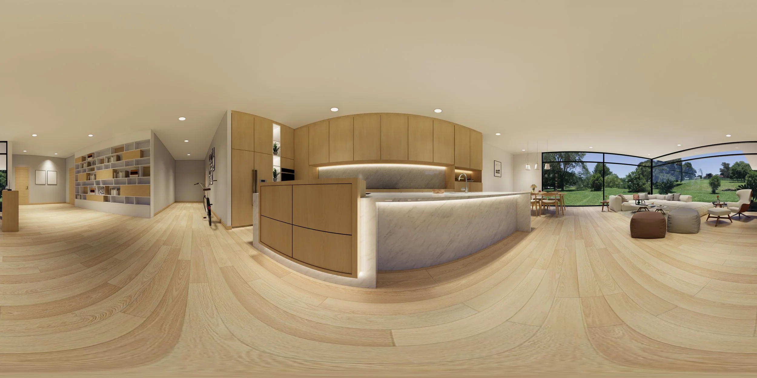 Open-concept living room and kitchen with large windows showing a green outdoor landscape, light wood flooring, modern furniture, and a minimalist design.