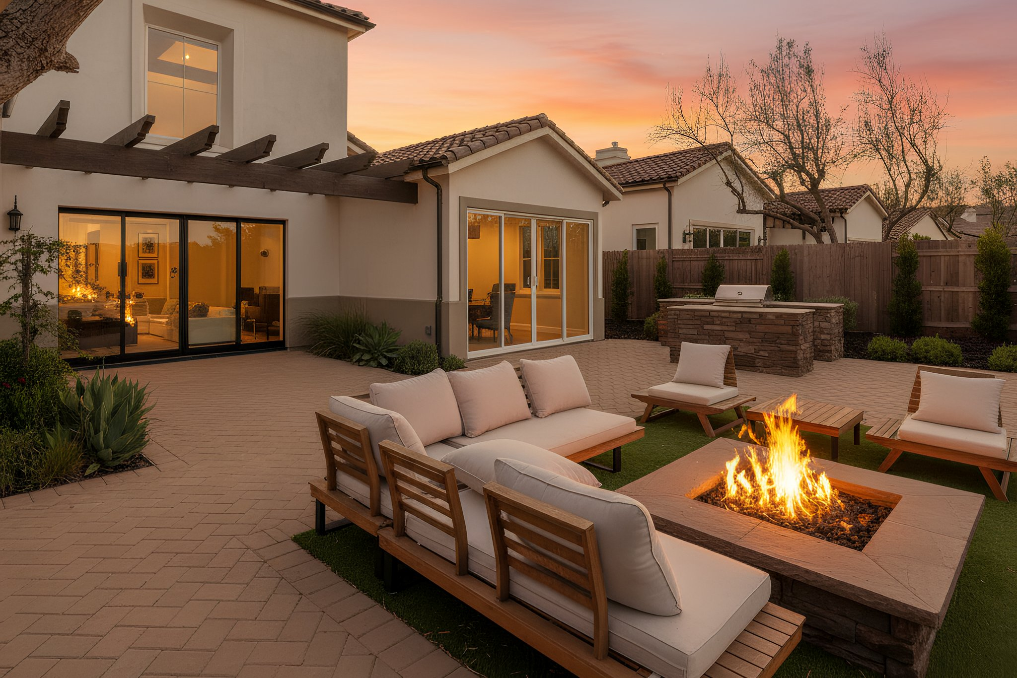 An outdoor backyard patio at sunset featuring a seating area with cushioned sofas and chairs around a fire pit, a built-in barbecue, from a view inside a house through sliding glass doors.