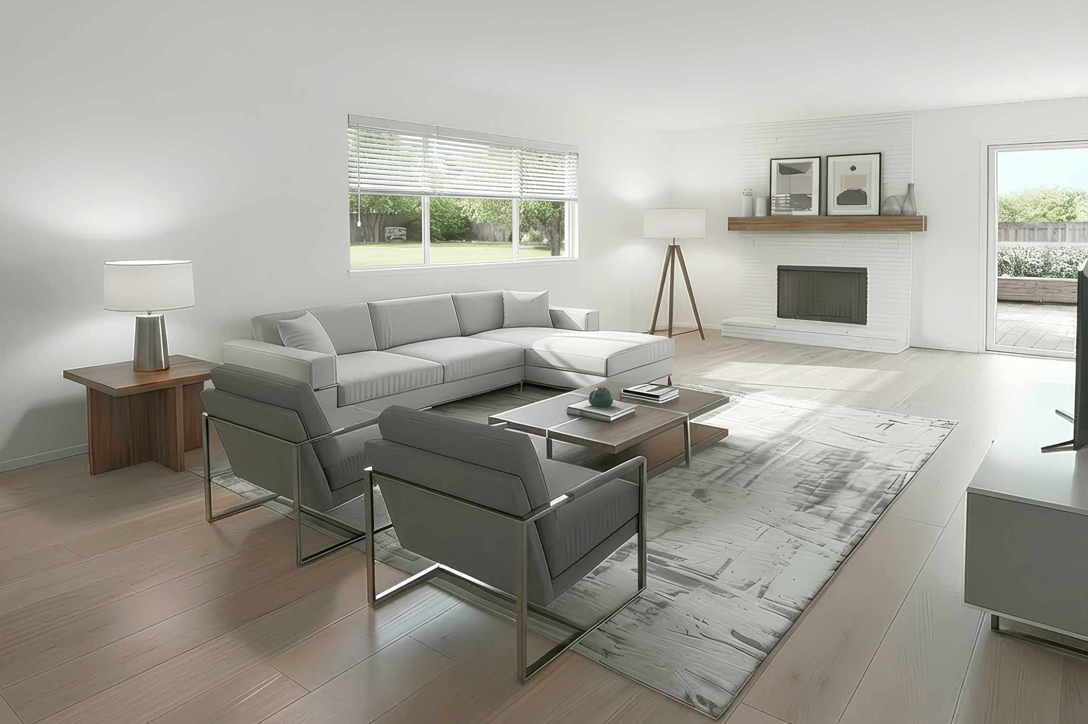 Bright living room with white walls, a large window with blinds, a white sectional sofa, two modern armchairs, a wooden coffee table, a side table with a lamp, a fireplace with a wooden mantel, framed artwork, a floor lamp, and a sliding glass door leading to an outdoor patio.