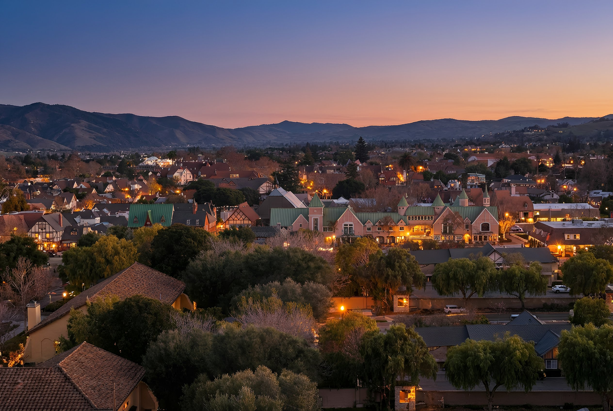 A panoramic view of a residential neighborhood at dusk, with houses illuminated by streetlights and surrounded by trees, against a backdrop of mountains and a sunset sky.