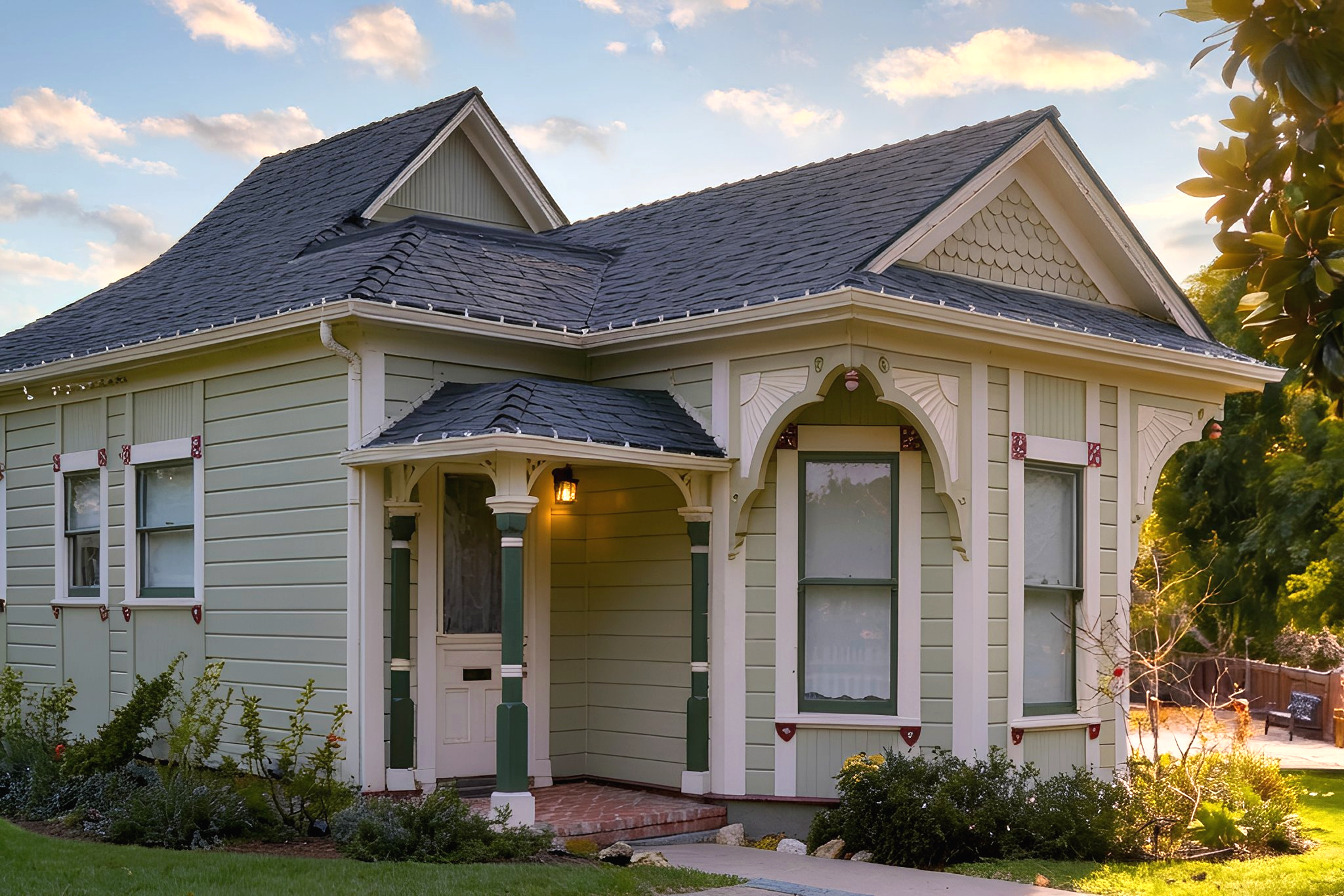 A vintage-style house with pale yellow exterior and green trim, gabled roof, and a small front porch illuminated by a warm exterior light, surrounded by a well-maintained garden and trees in the background.