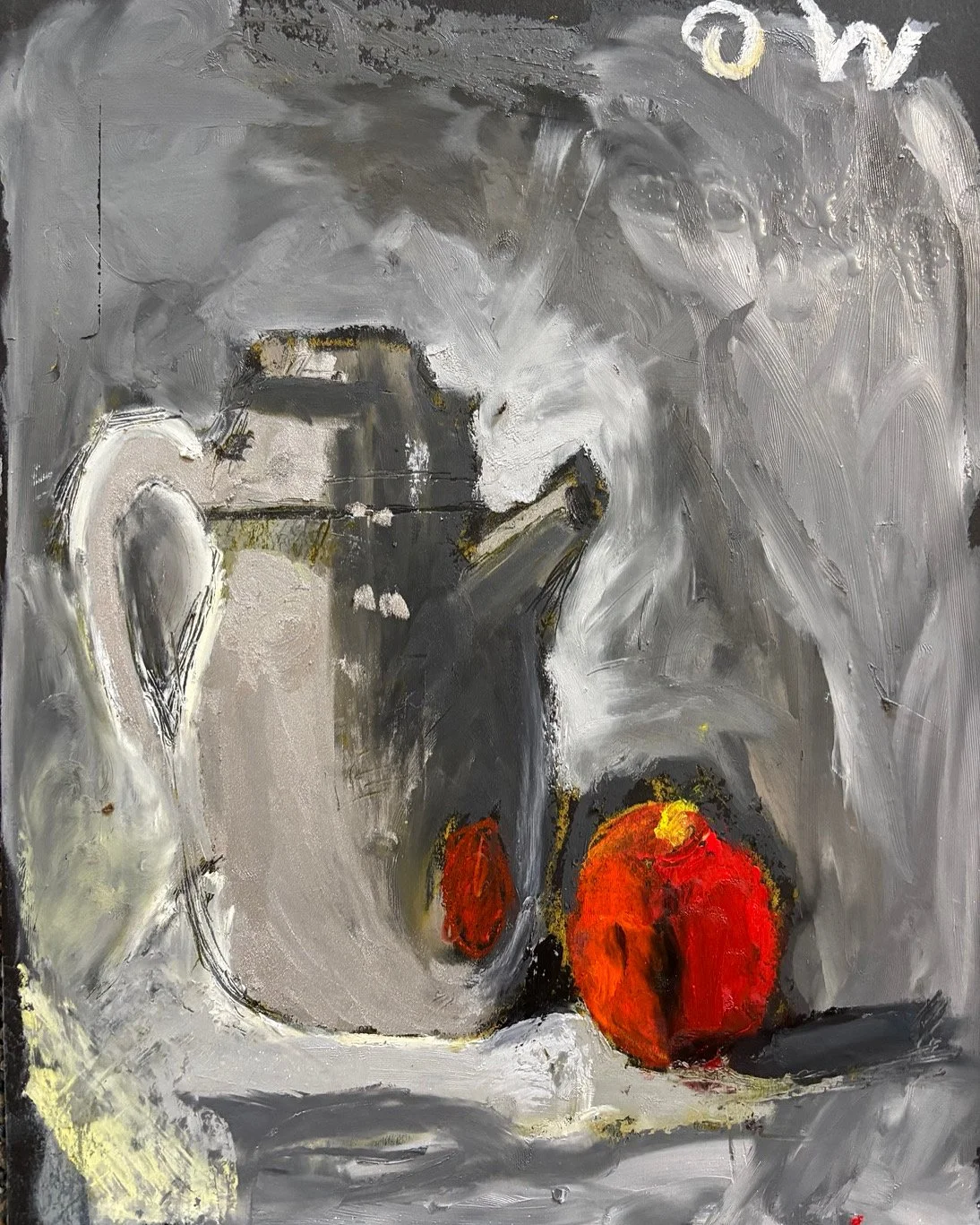 Silver pot with red apple - Oliver W. - Oil pastel on paper