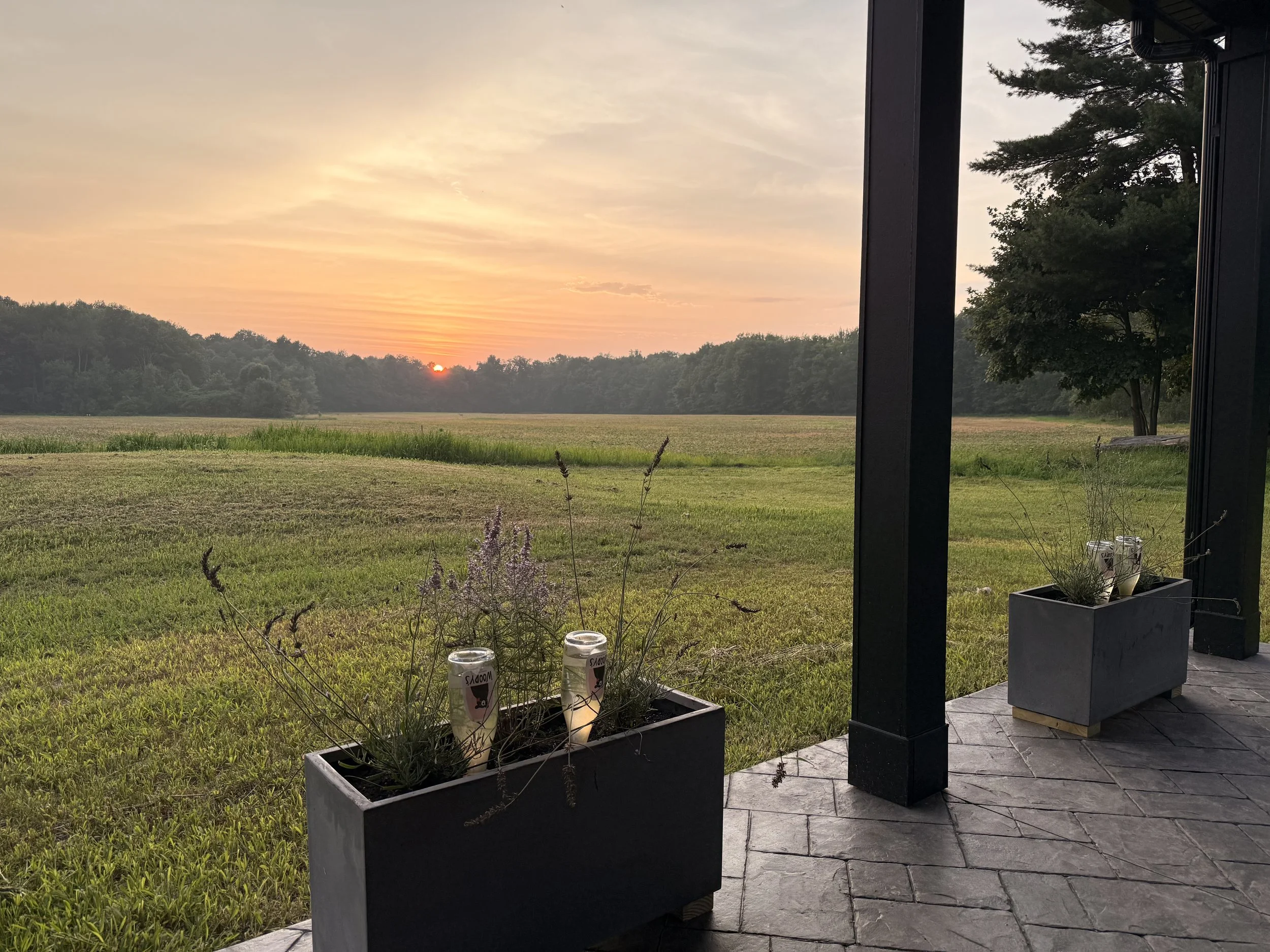 Sunset over a field with trees in the distance, viewed from a patio with potted plants and candles.