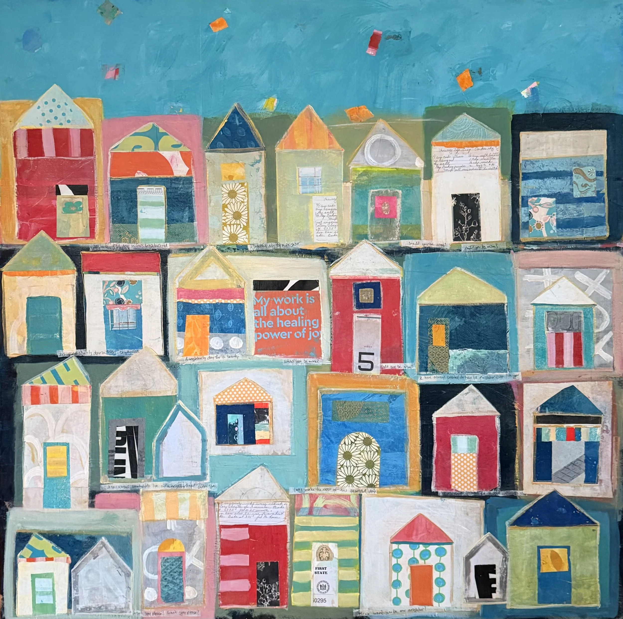 A colorful collage artwork of various painted houses, with some containing handwritten notes, drawings, patterns, and messages on the facades, set against a blue sky with scattered confetti-like elements.