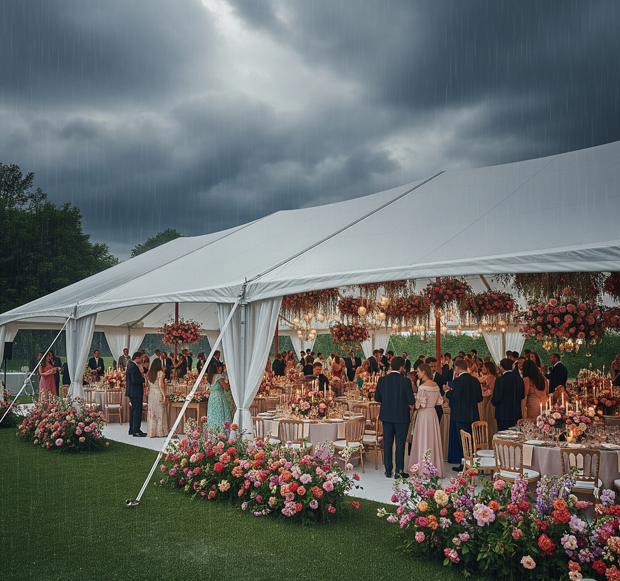 A large outdoor wedding reception under a white tent with floral decorations, candles, and elegantly dressed guests on a rainy day with dark clouds.