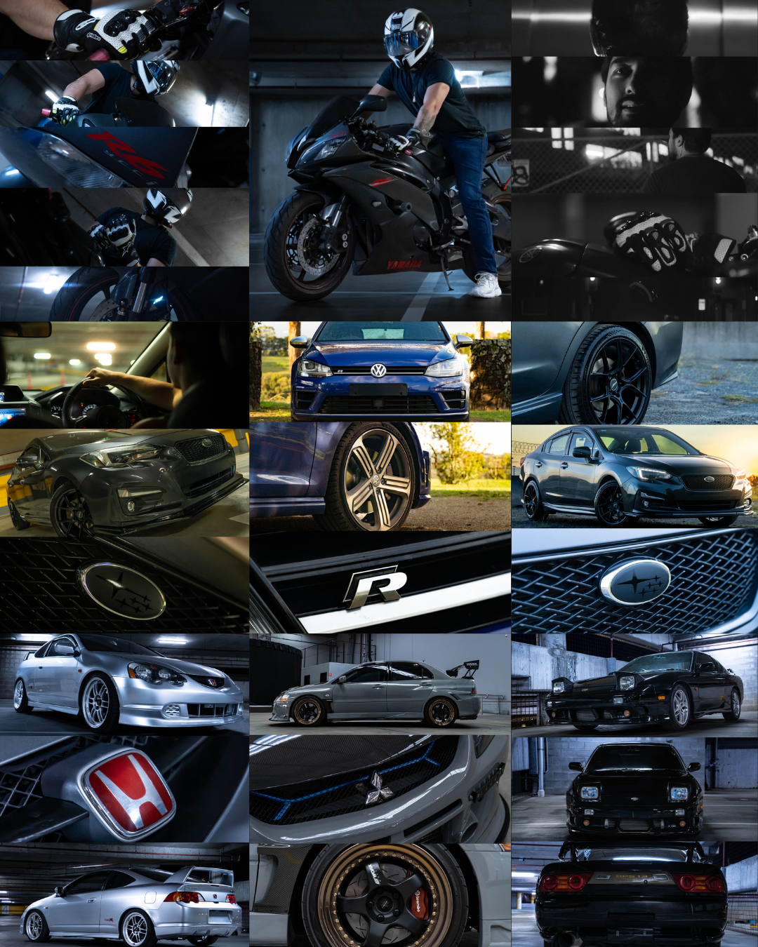 Collage of various automobiles and motorcycle, including a Yamaha sports bike, multiple cars from brands like Volkswagen, Subaru, Honda, Mitsubishi, and Acura, showing different angles and details, with a rider on a Yamaha bike, a person driving a ca