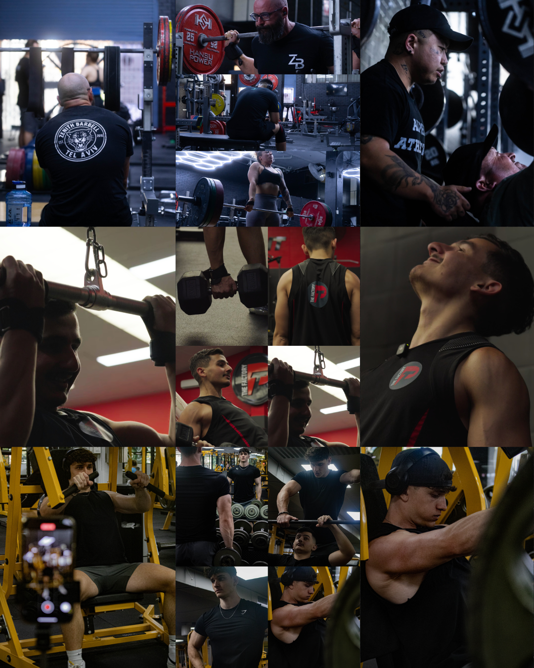 Multiple people working out in a gym, performing weightlifting, bench presses, and using machines, with some individuals in casual athletic wear and others in gym gear.