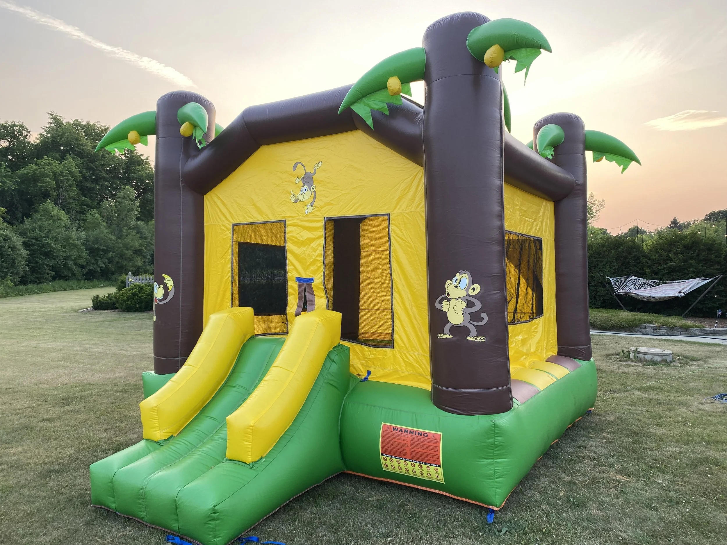 Inflatable bounce house with a jungle theme, featuring monkey illustrations and palm tree designs, set up on a grassy area.