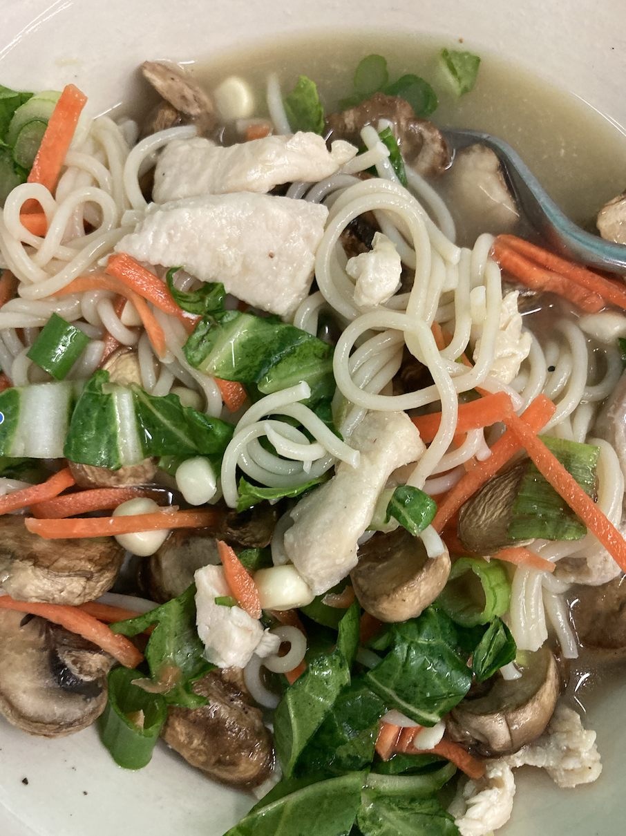 Bowl of noodle soup with chicken, mushrooms, spinach, carrots, and green onions.