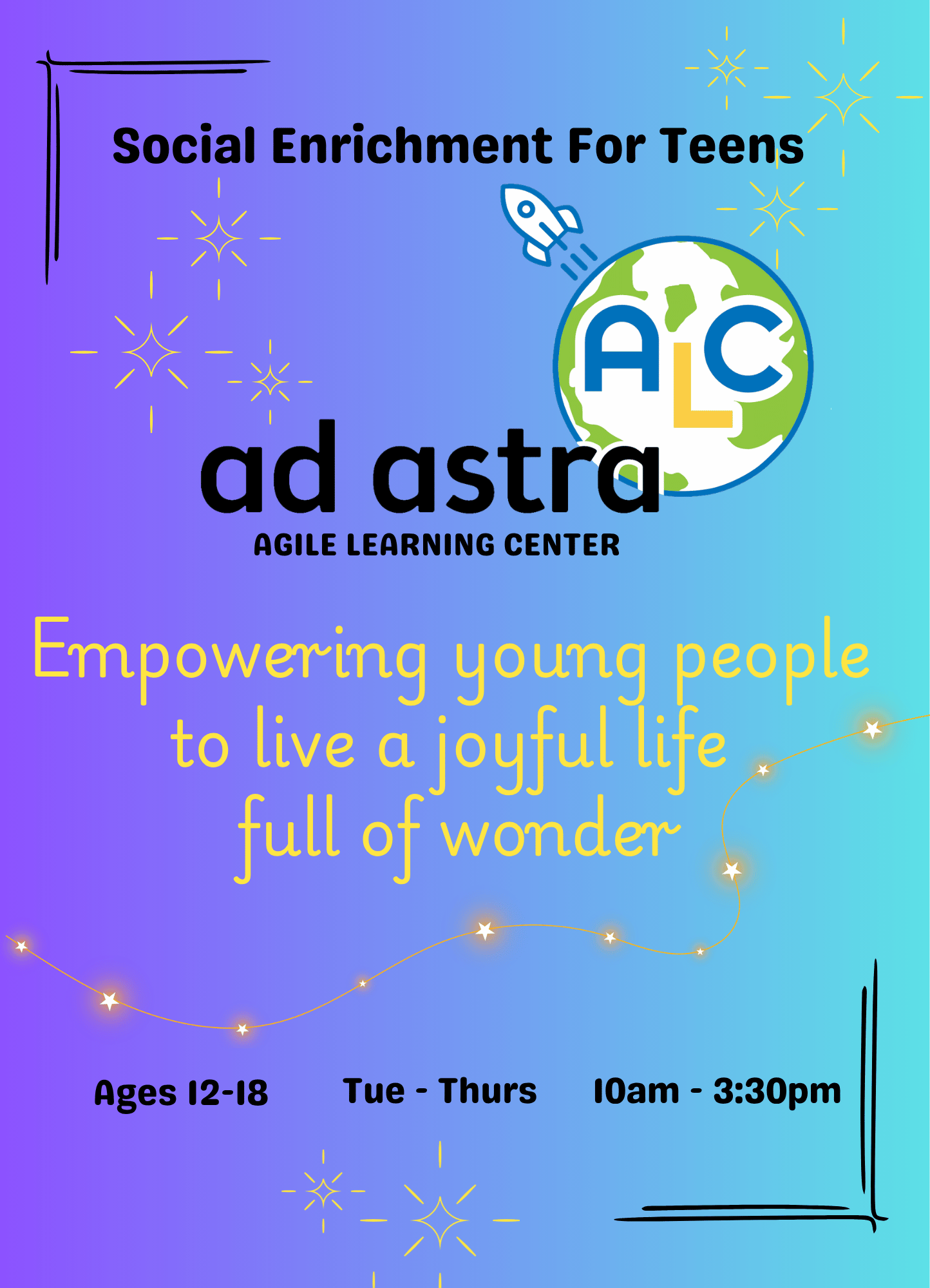 Colorful advertisement for "Ad Astra ALC" homeschool enrichment center for ages 10-18, highlighting creativity, exploration, learning, and connection.