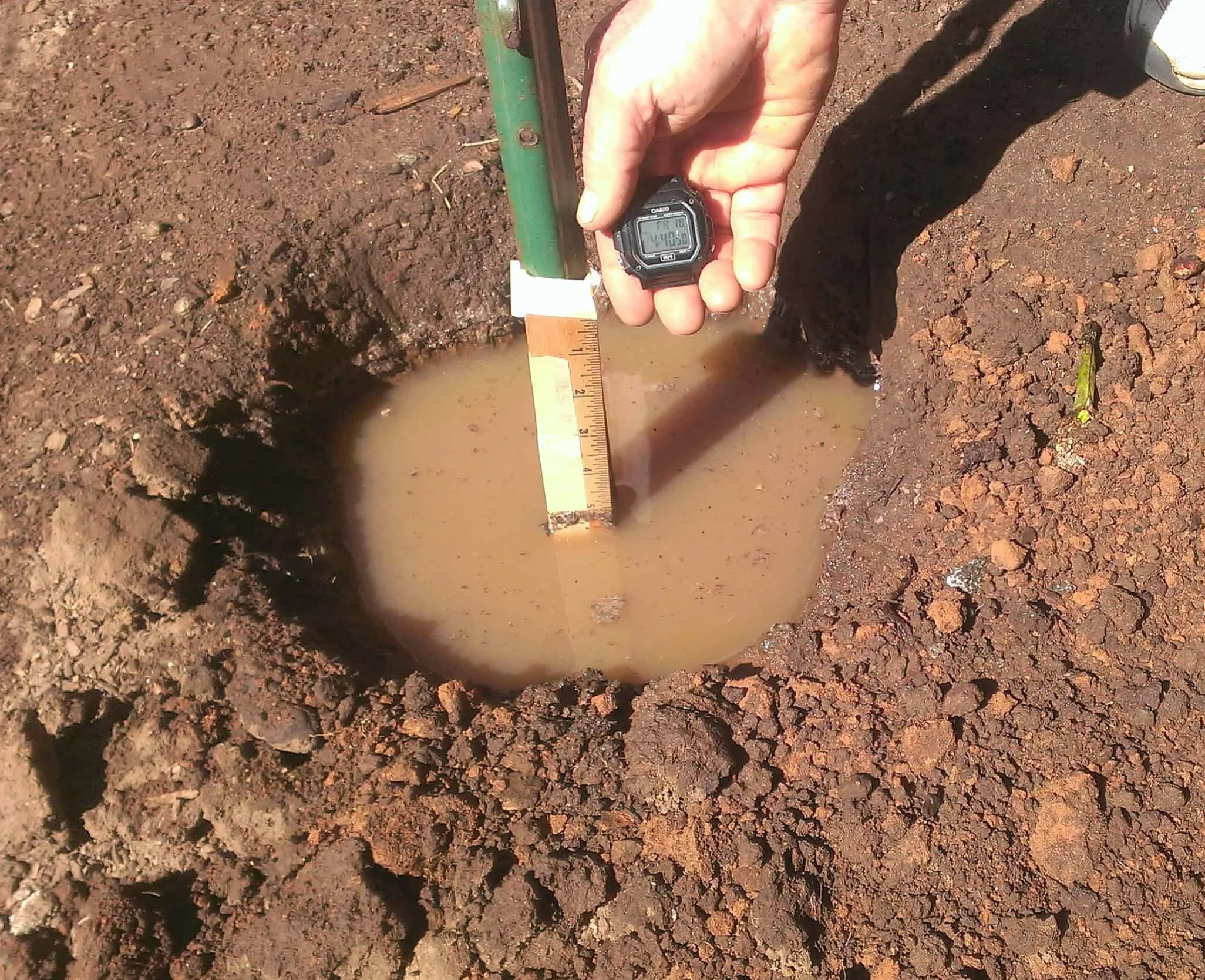 Hand holding a stopwatch over a muddy water-filled hole with a ruler measuring water depth in soil.