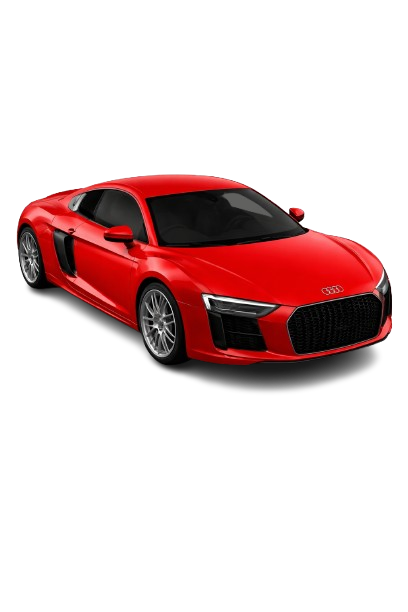Red Audi sports car with black windows and grille, positioned at an angle on a white background with a yellow accent in the bottom right corner.