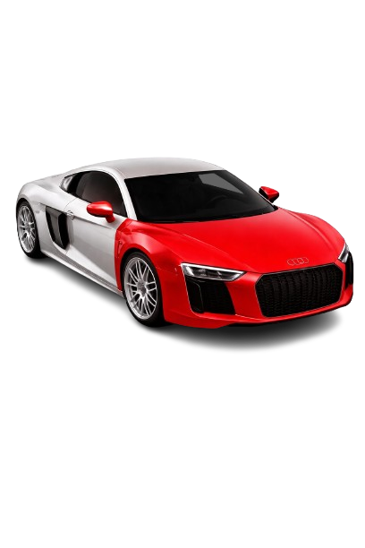 Red and white Audi sports car with black tinted windows, black front grille, and red side mirrors.