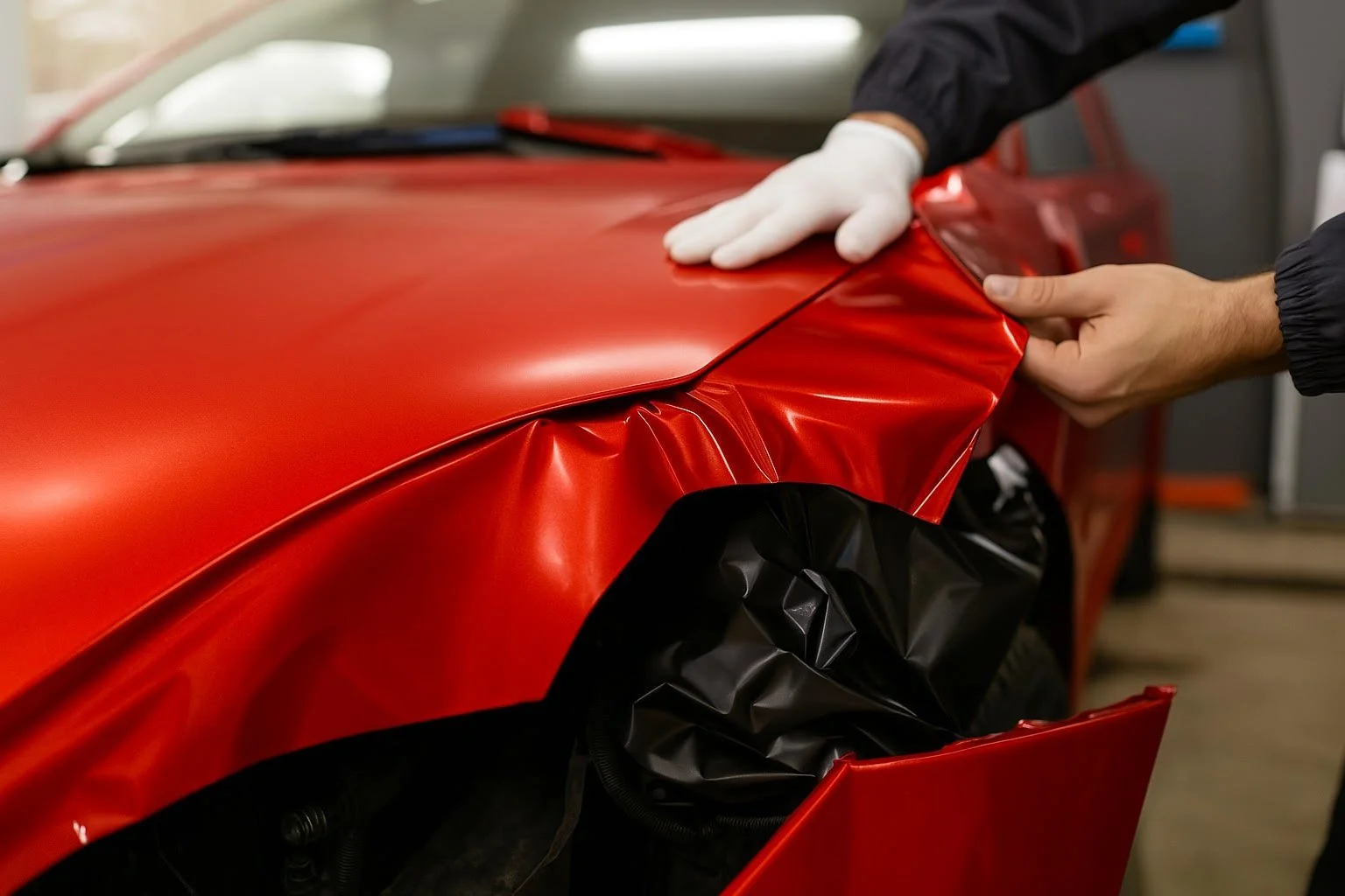 Person applying red vinyl wrap on a car hood