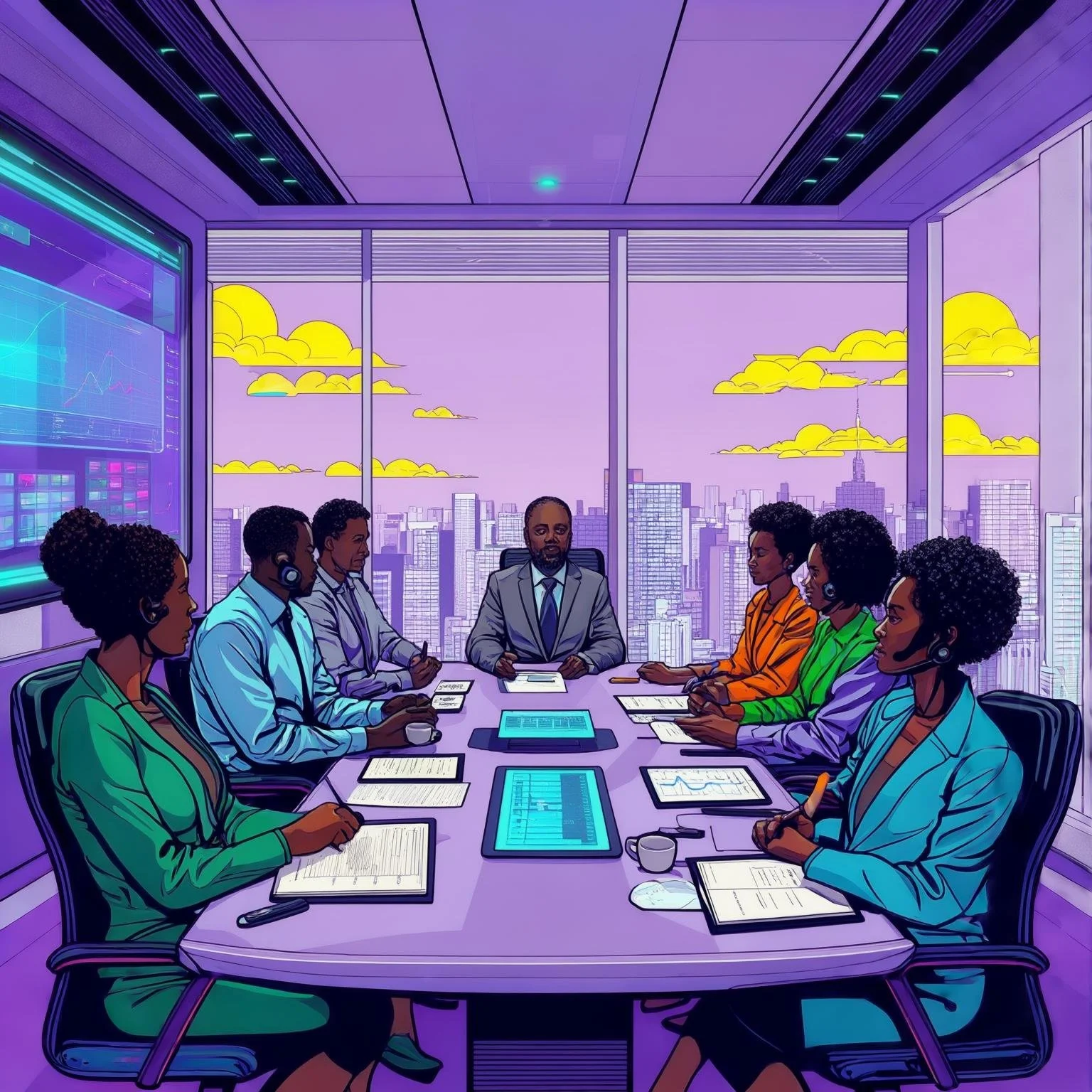 Illustration of a business meeting in a modern boardroom with diverse professionals. Large windows show a cityscape with yellow clouds. Participants are seated around a table with digital devices and charts visible on screens. Black Future Fest.