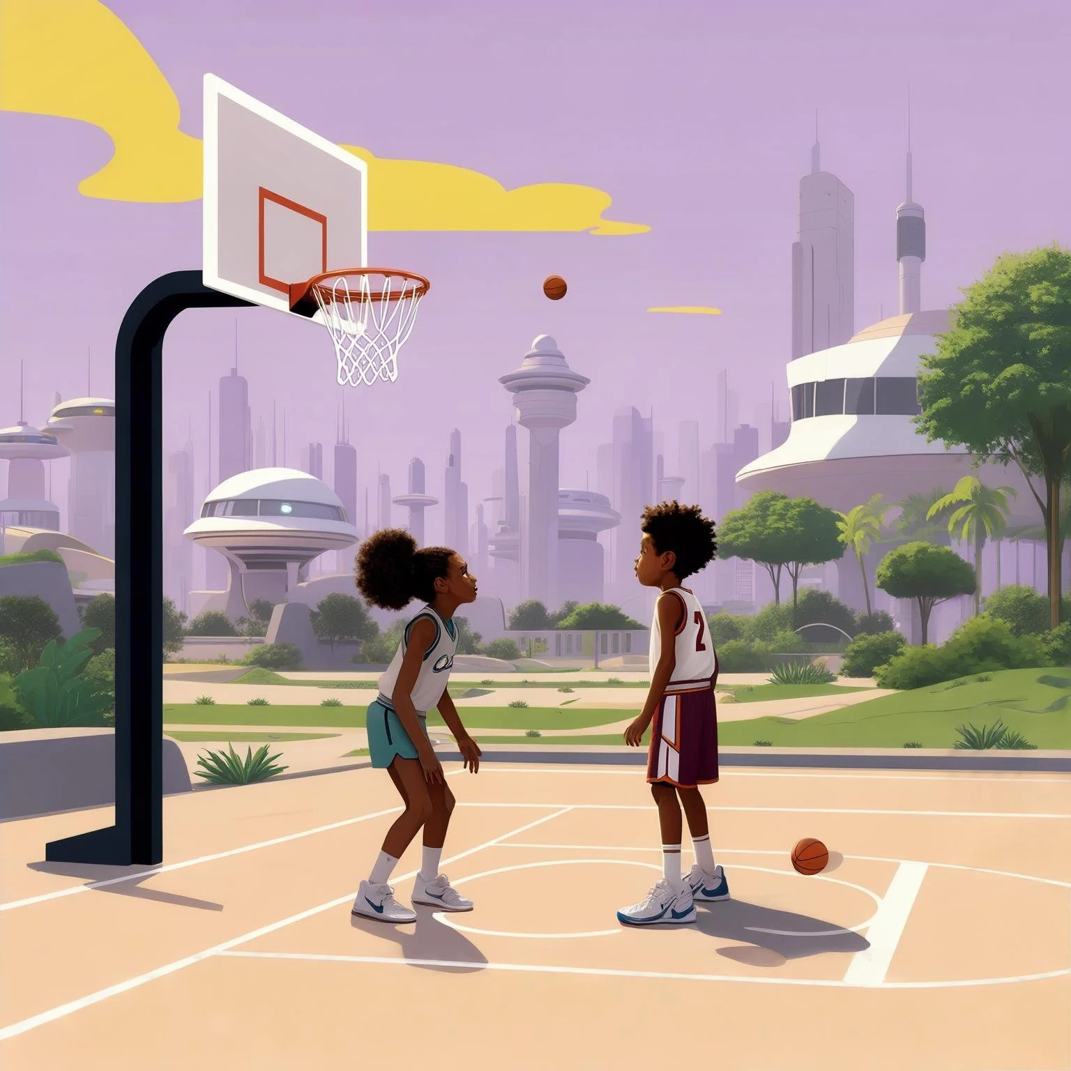 Two kids playing basketball on a futuristic outdoor court, surrounded by advanced buildings and greenery. Black Future Fest.