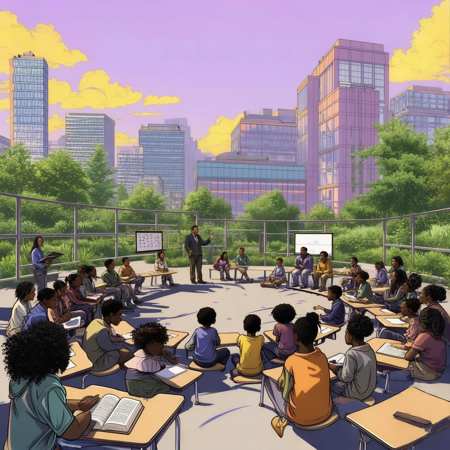 Outdoor classroom with students and teacher in a circle, set against a city skyline and purple sky. Black Future Fest.