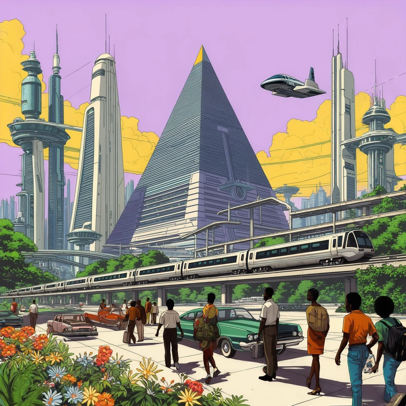 Futuristic cityscape with a pyramid building, monorail, people walking, vintage cars, and flying vehicle.