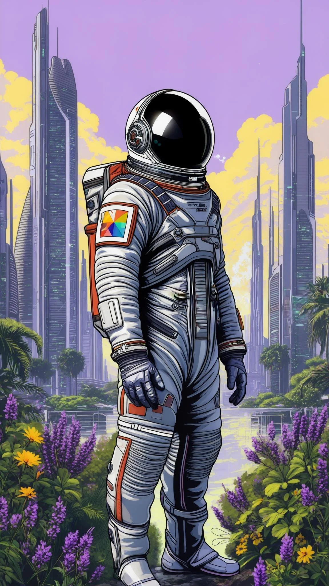Illustration of an astronaut in a spacesuit standing in a futuristic cityscape with tall buildings and colorful flowers. Black Future Fest.