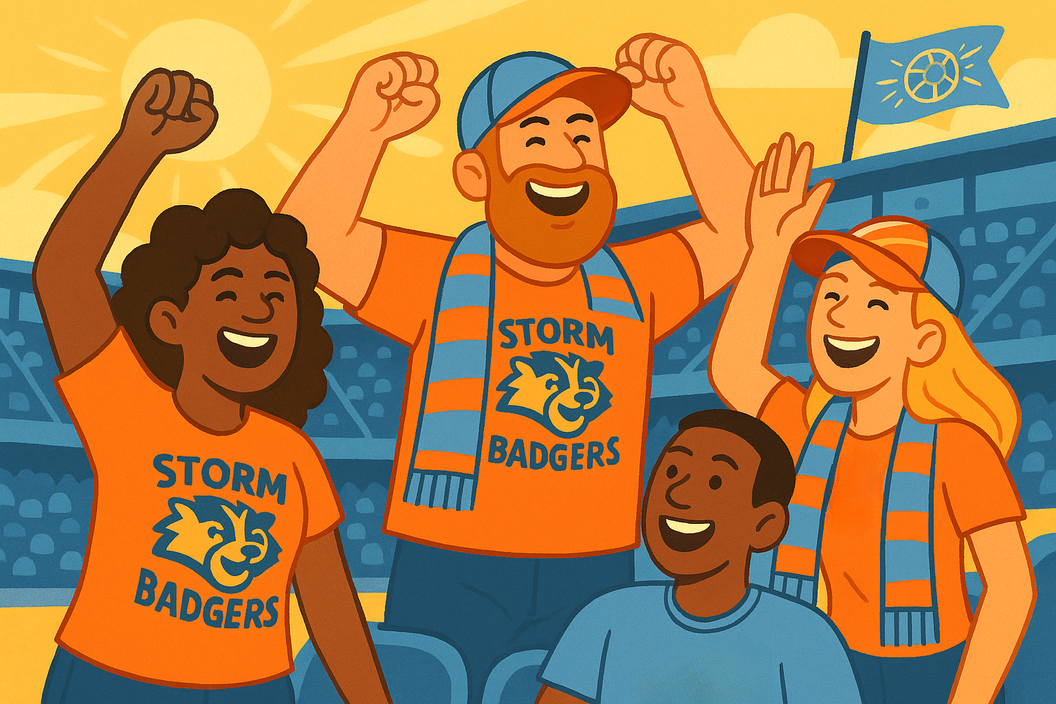 Cartoon of diverse sports fans cheering with "Storm Badgers" shirts and scarves in a stadium.