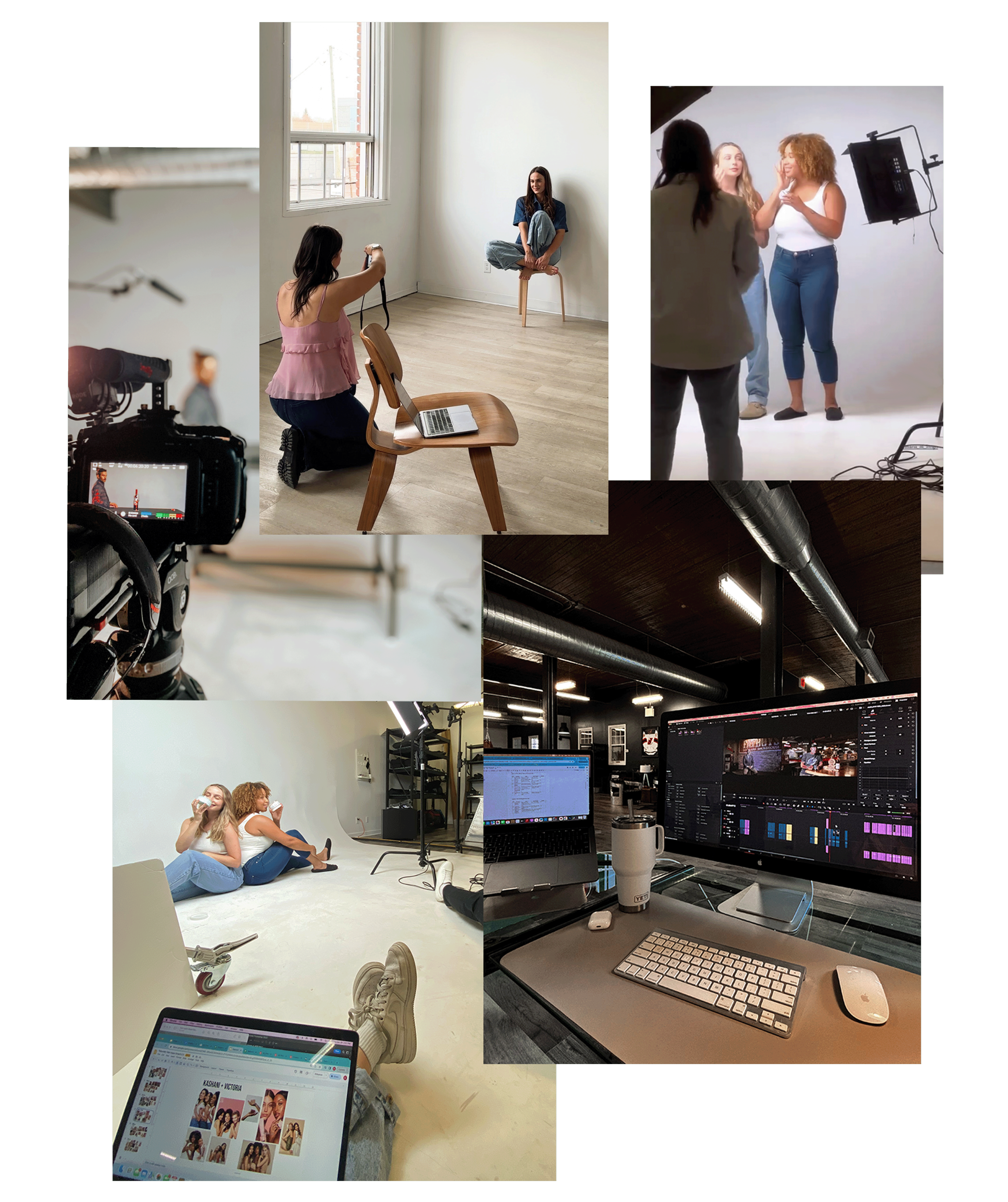Collage of behind-the-scenes photos in a photography studio, showing people being photographed, cameras, computer monitors, and editing setups.