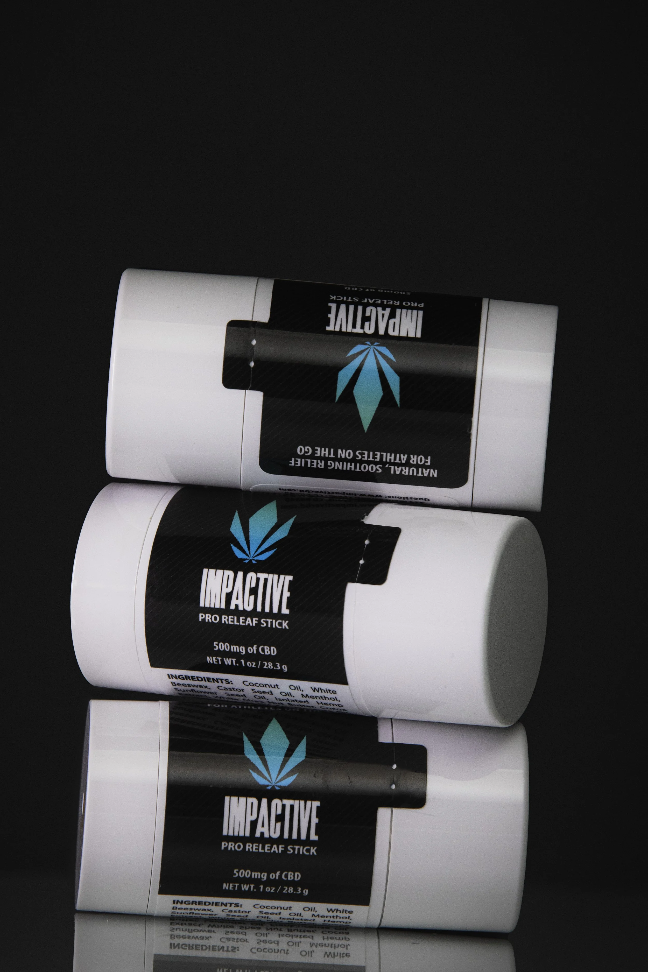 Stacked CBD relief sticks labeled "ImPactive" on a dark background.