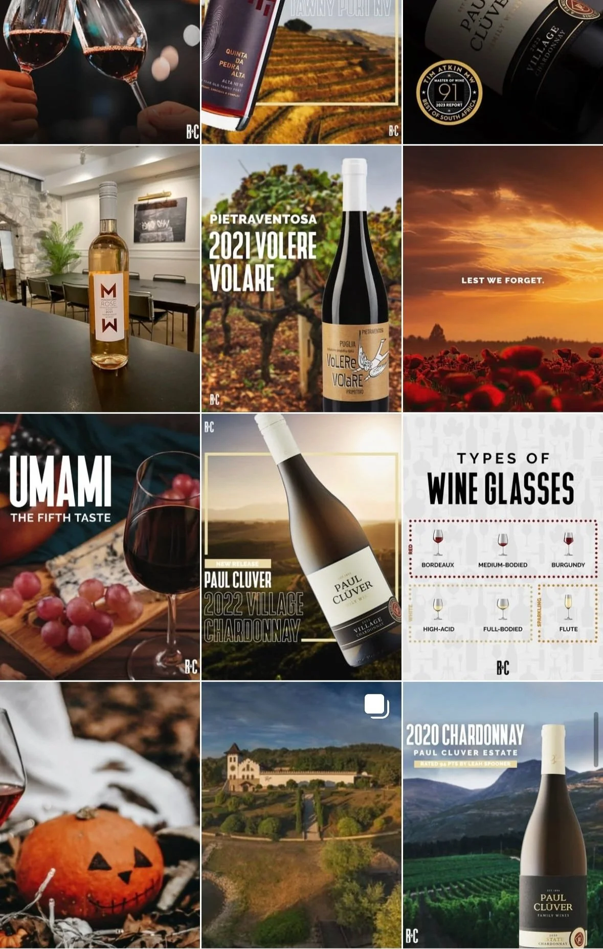 Collage of wine-themed images featuring various wine bottles, vineyard scenery, wine tasting events, and informational graphics on types of wine glasses.